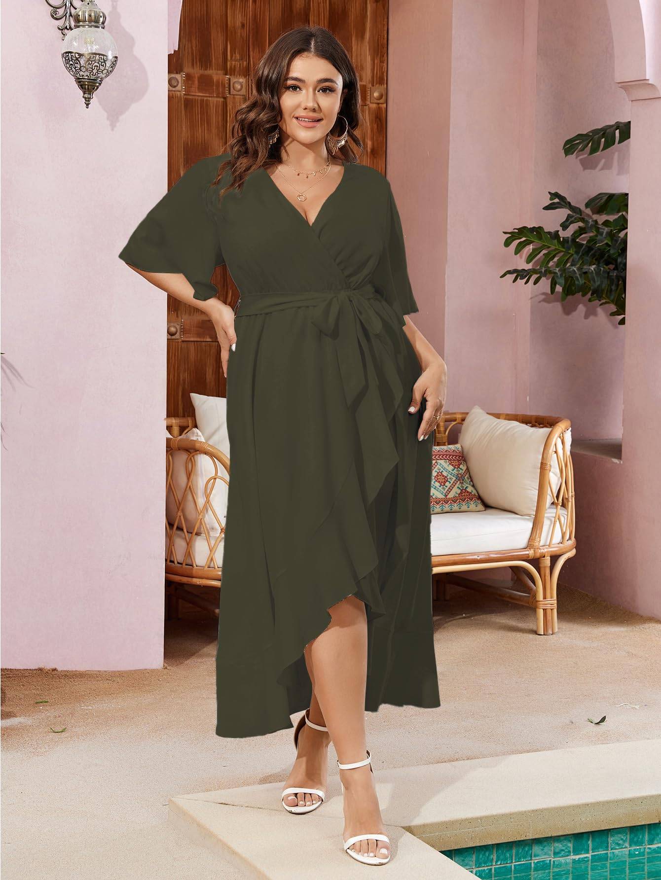 Women Plus Size Short Sleeve Wrap V Neck Dress