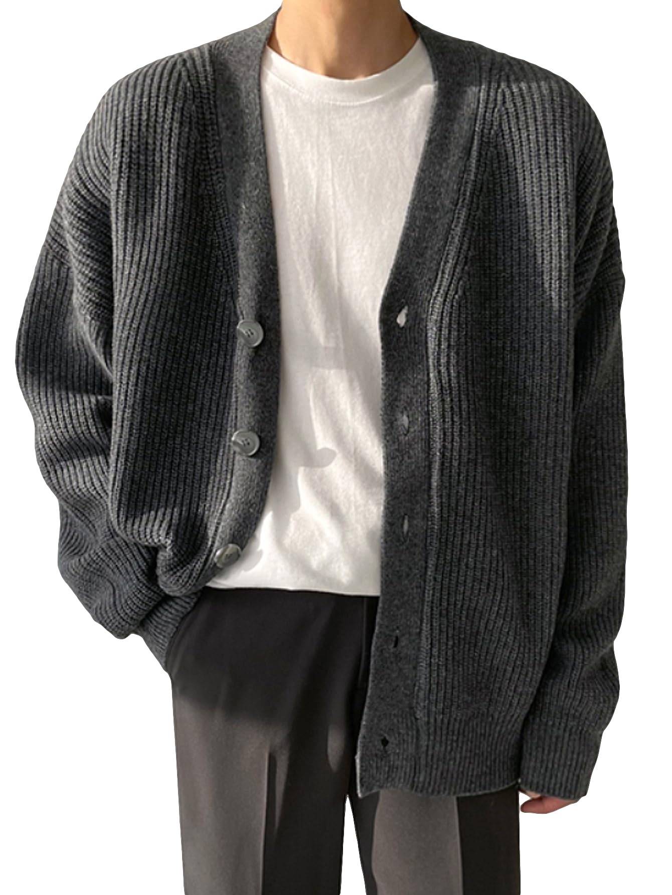 Men's Casual Long Sleeve Button Front V Neck Rib Knit Cardigan Sweater