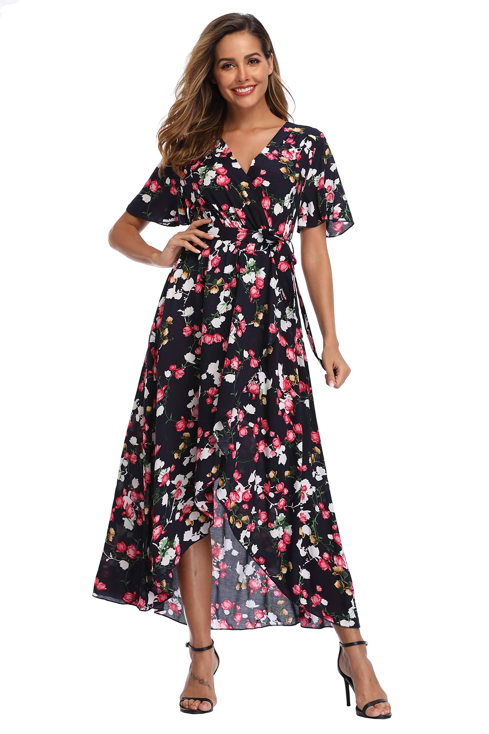 Women's Wrap V Neck Floral Summer Dresses Maxi