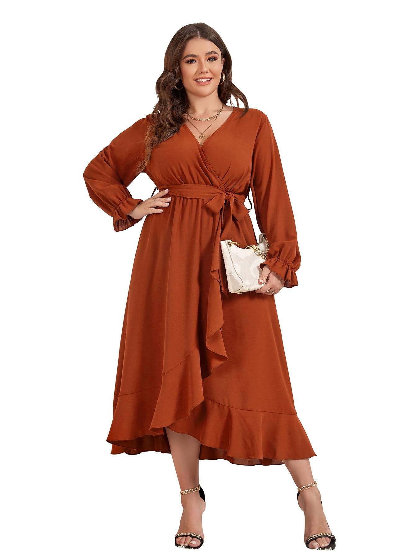 Women Plus Size Maxi Dress Wrap V Neck Dress