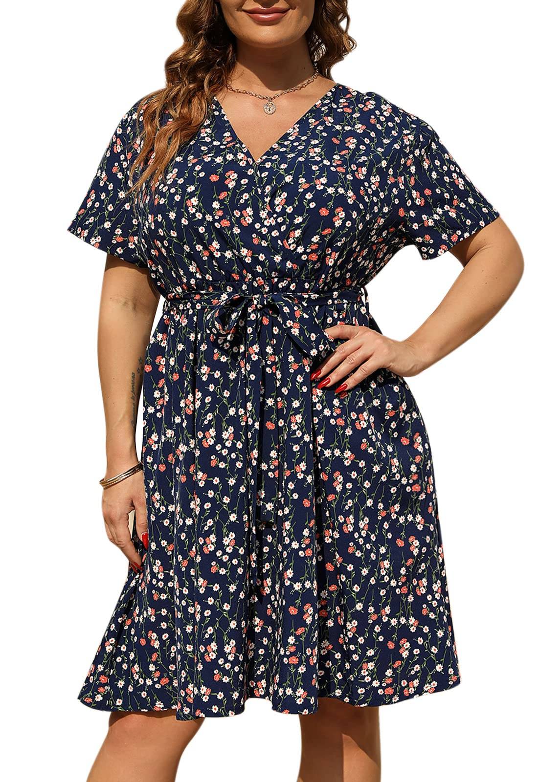 Womens Plus Size Boho Wrap Dress Floral Print