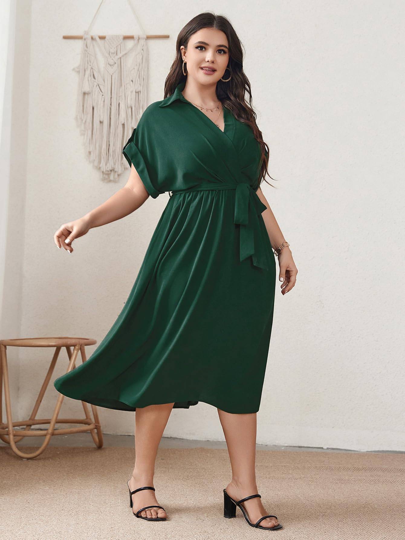 Womens Plus Size Midi Dress A line Wrap Tie Dress