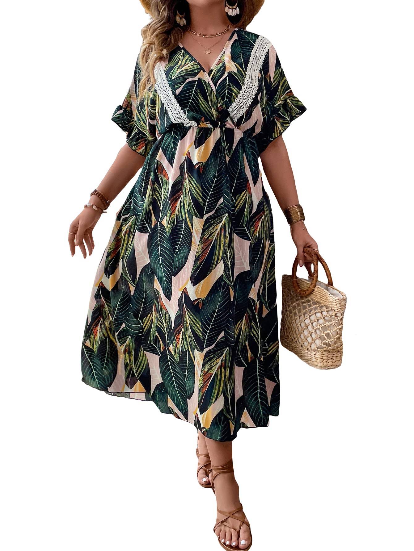 Women's Plus Size Boho Floral V Neck A Line Dress