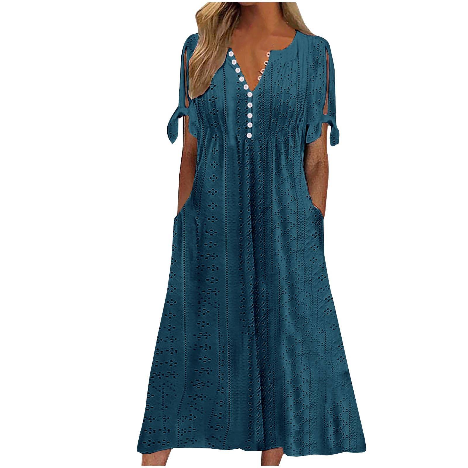 Womens Maxi Long Dress Boho V Neck Pockets Dresses