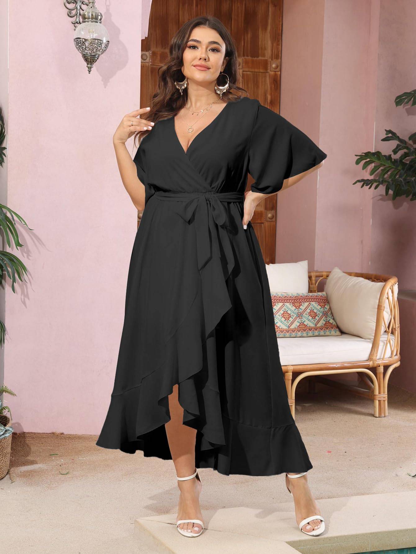 Women Plus Size Short Sleeve Wrap V Neck Dress