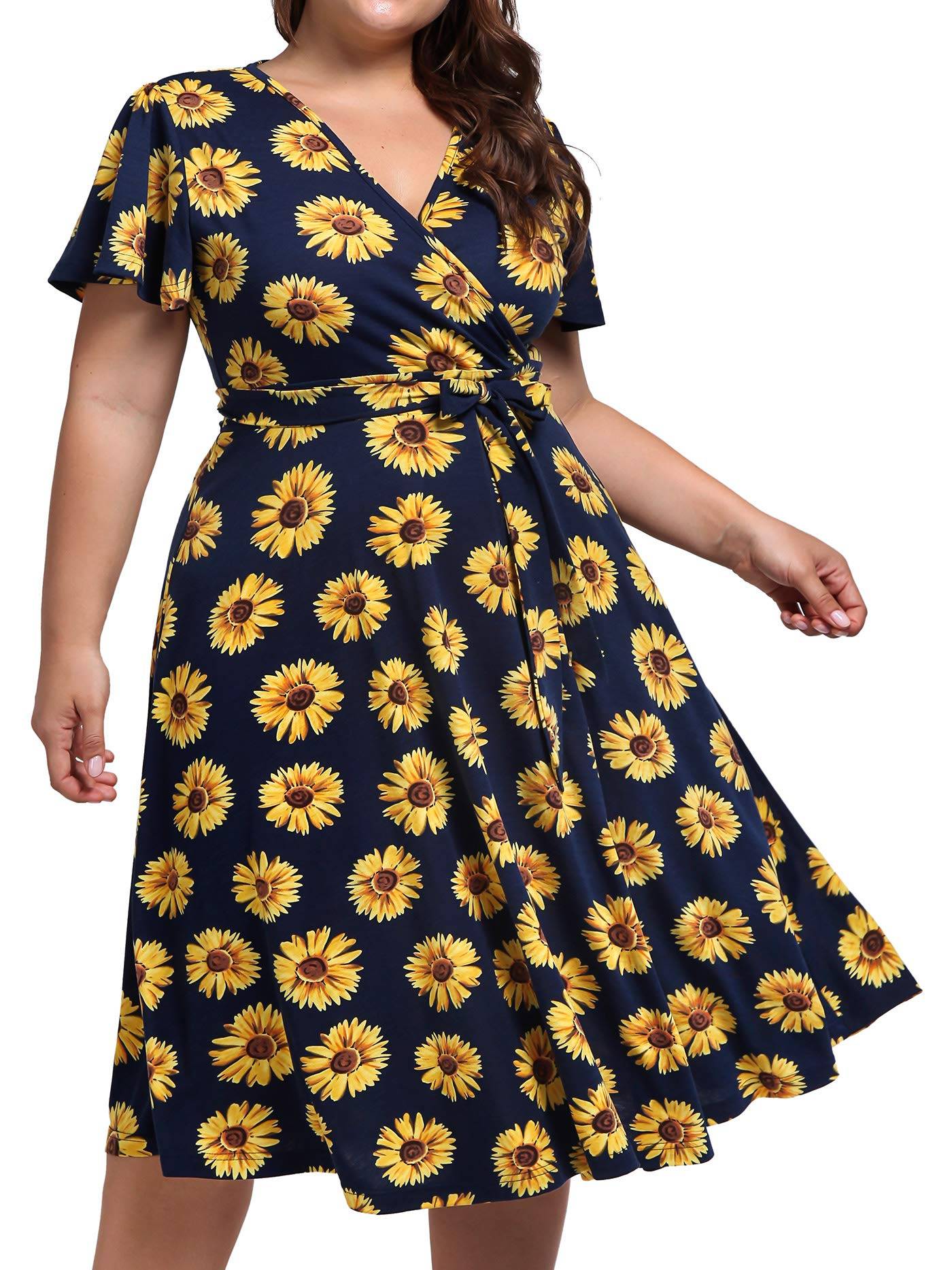 Plus Size Womens V Neck Floral Party Midi Dresses