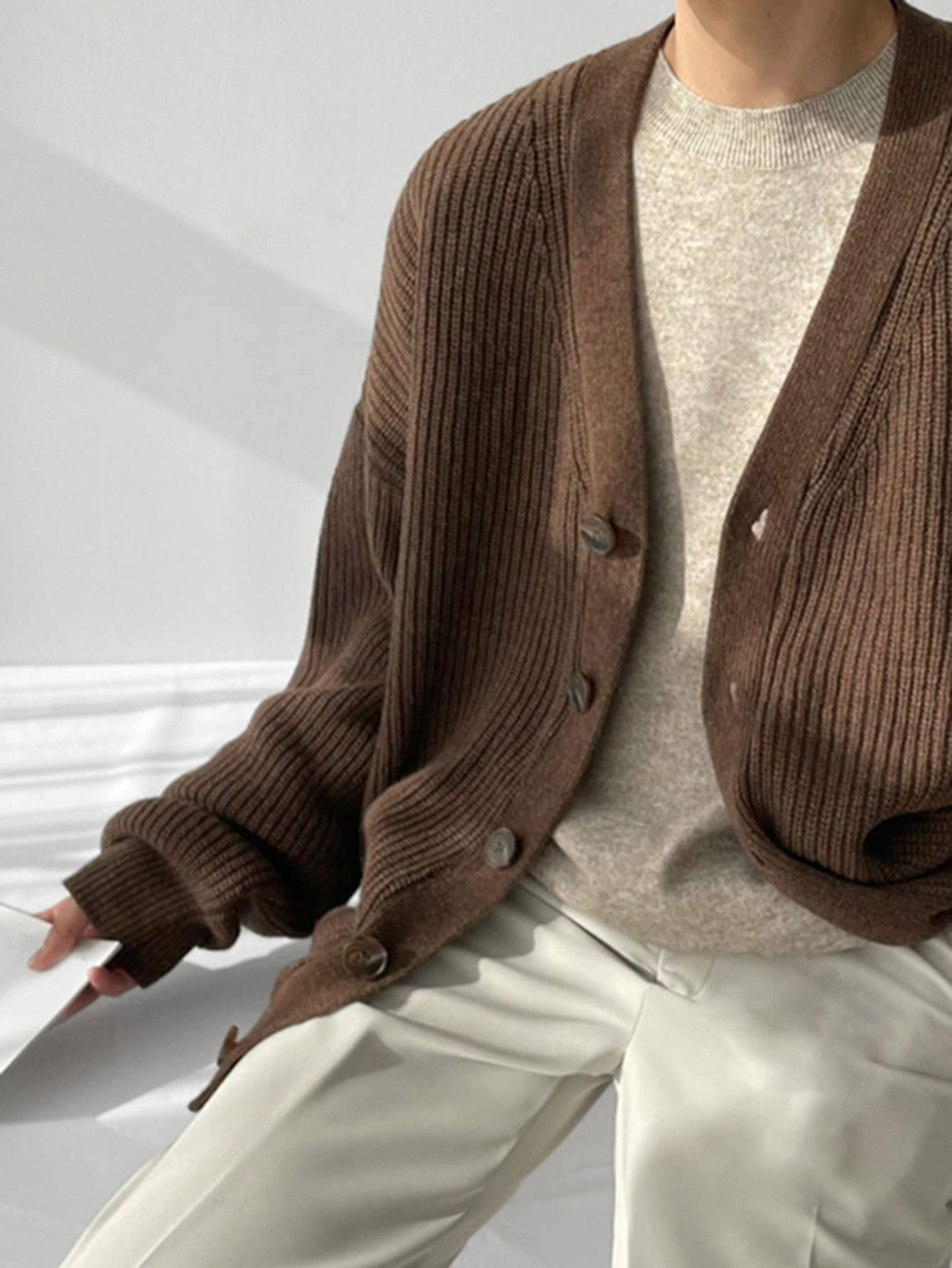 Men's Casual Long Sleeve Button Front V Neck Rib Knit Cardigan Sweater