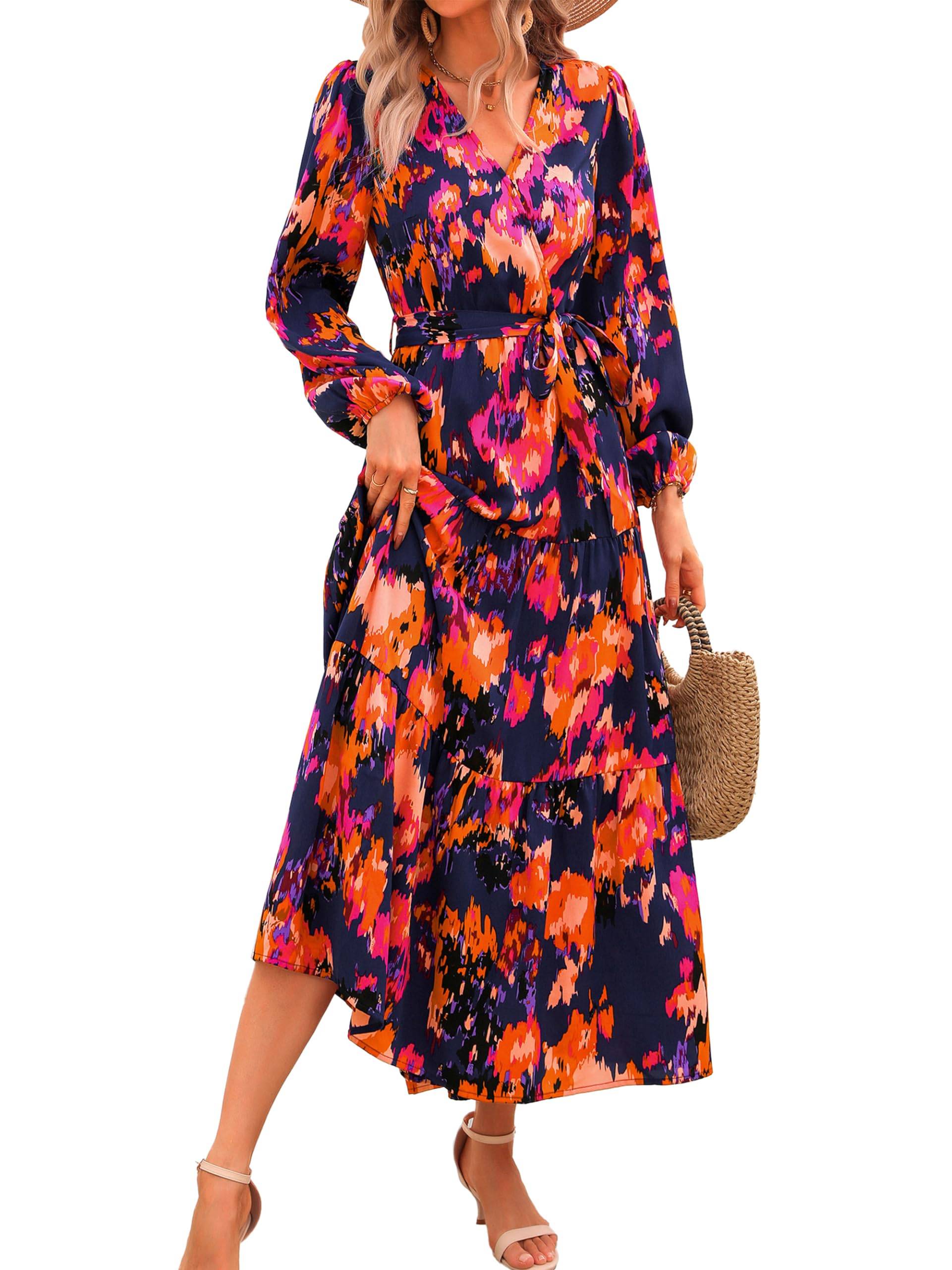 Womens Long Sleeve V Neck Floral Maxi Dress Boho