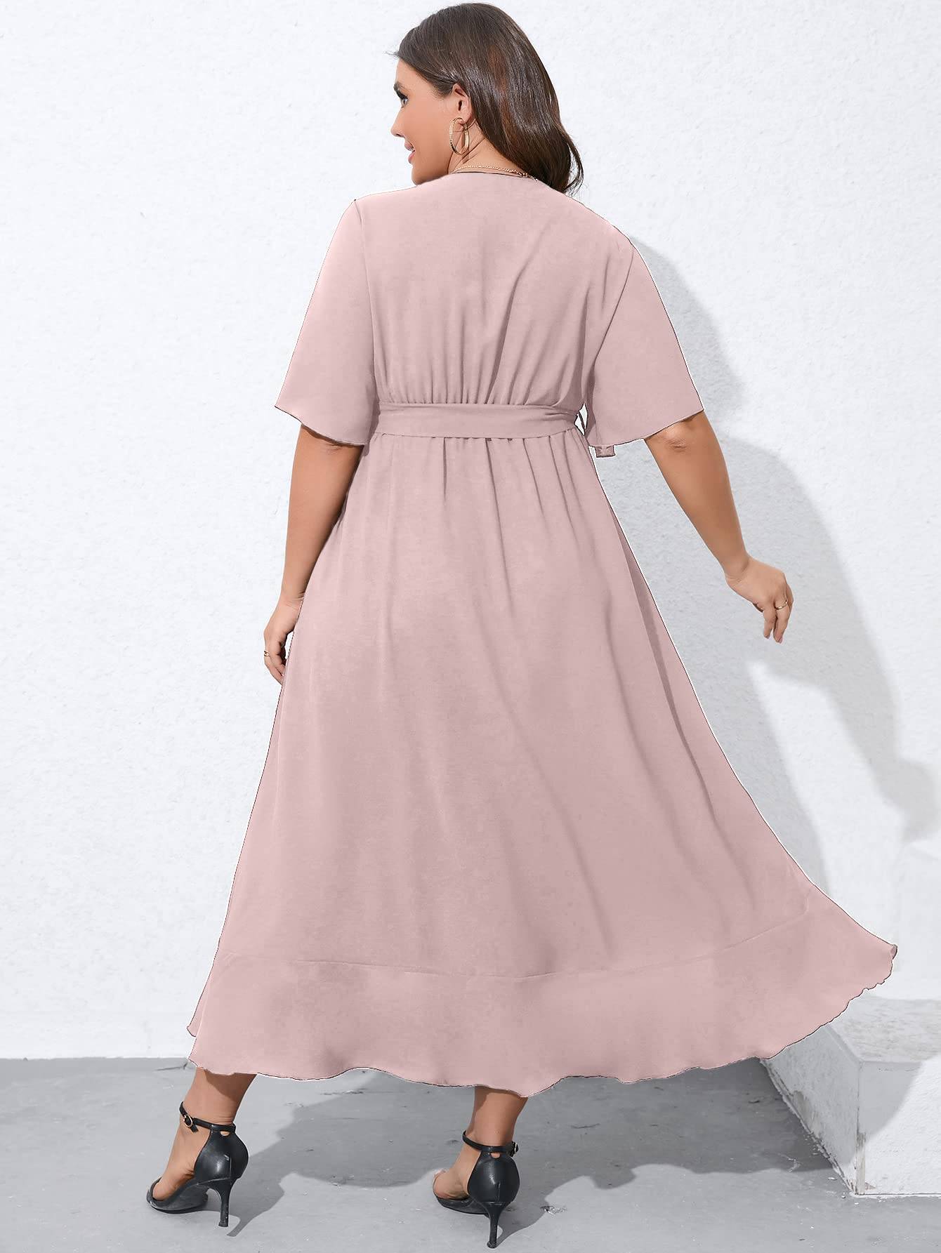 Women Plus Size Short Sleeve Wrap V Neck Dress