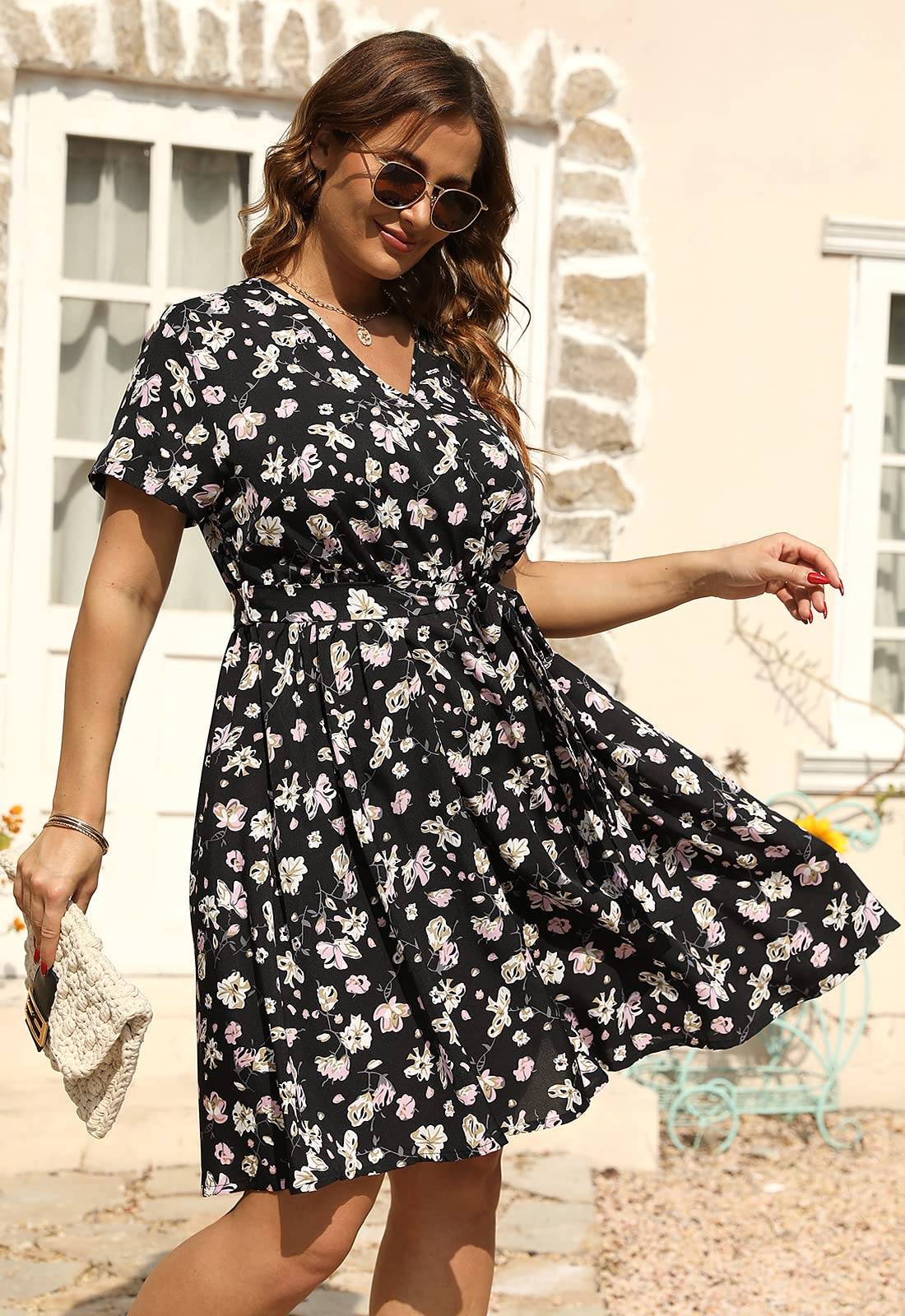 Womens Plus Size Boho Wrap Dress Floral Print