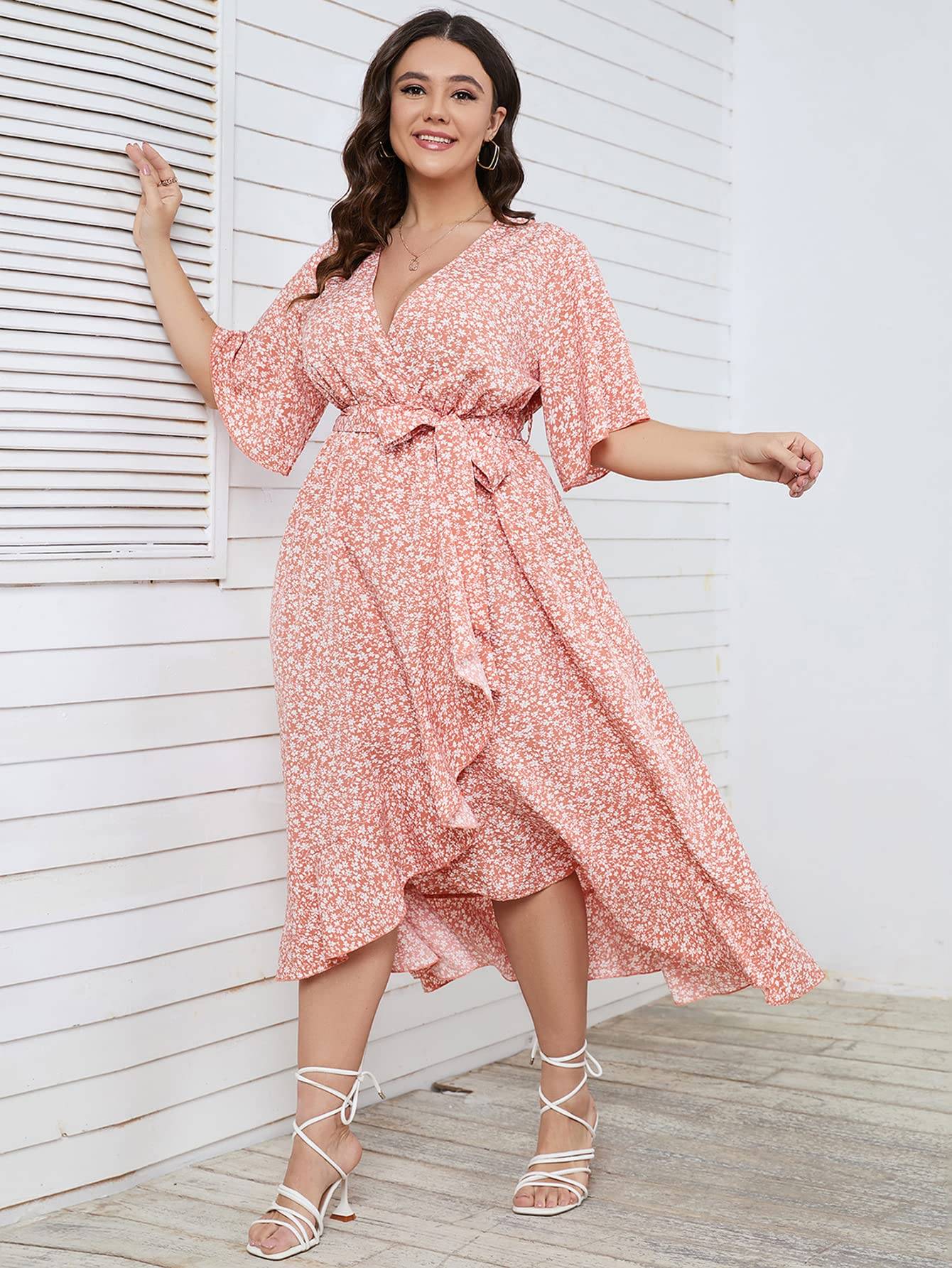 Women Plus Size Short Sleeve Wrap V Neck Dress