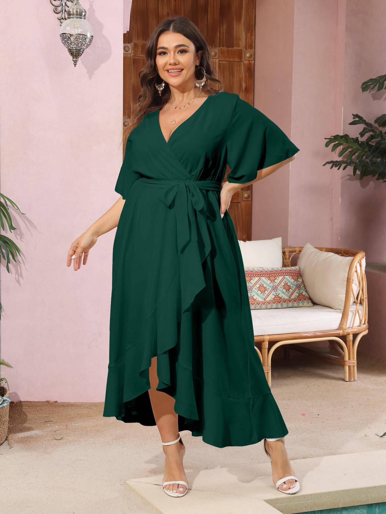 Women Plus Size Short Sleeve Wrap V Neck Dress