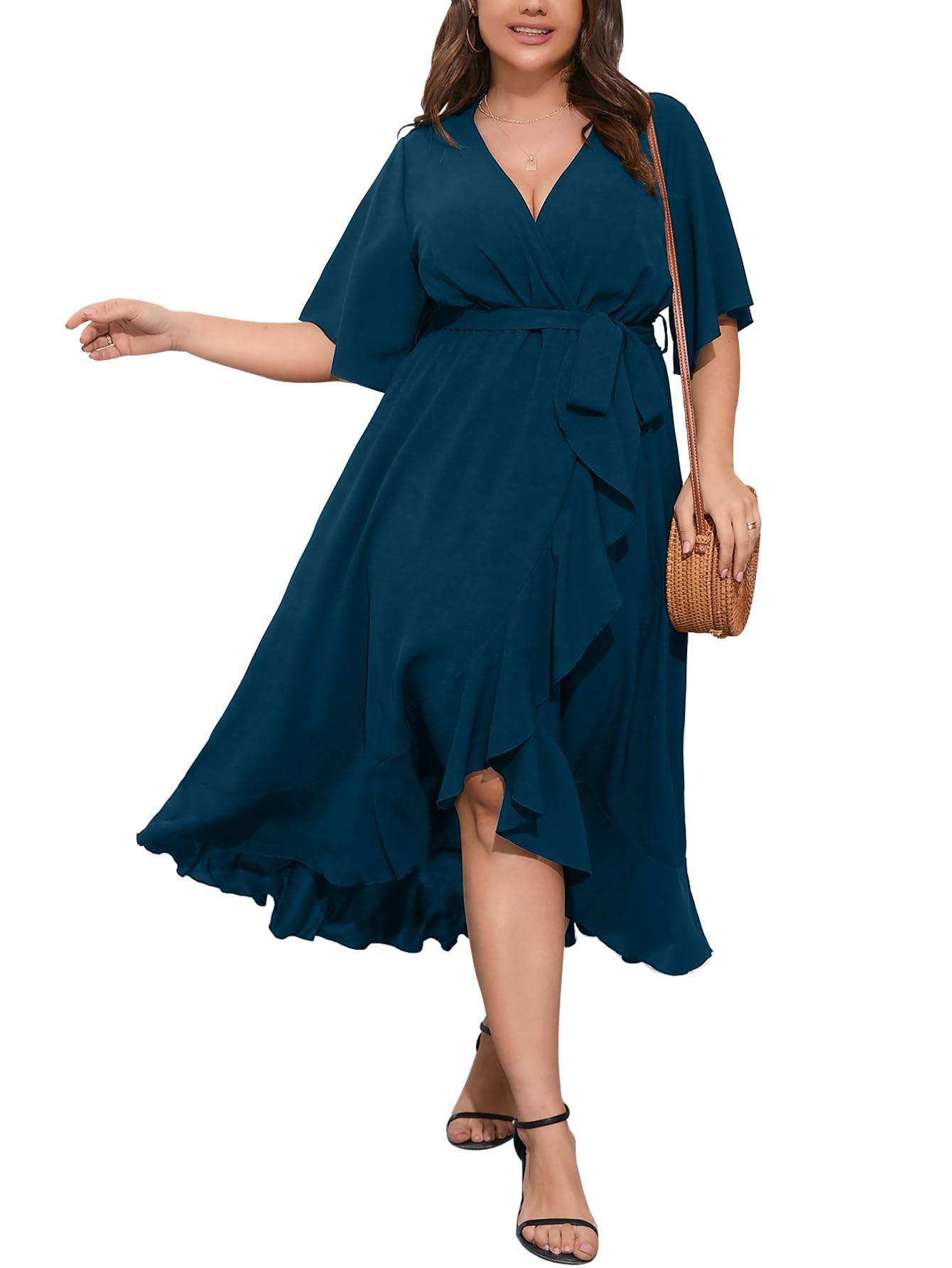 Women Plus Size Short Sleeve Wrap V Neck Dress