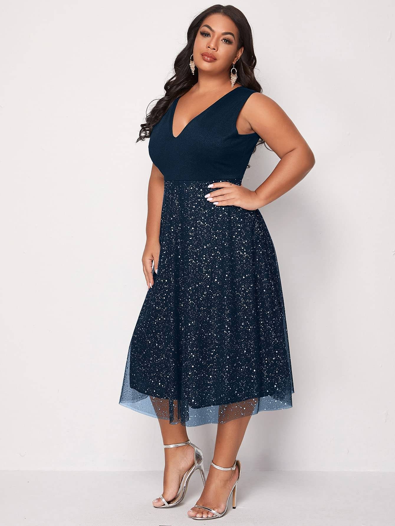 Women's Plus Size V Neck Party Midi Dress