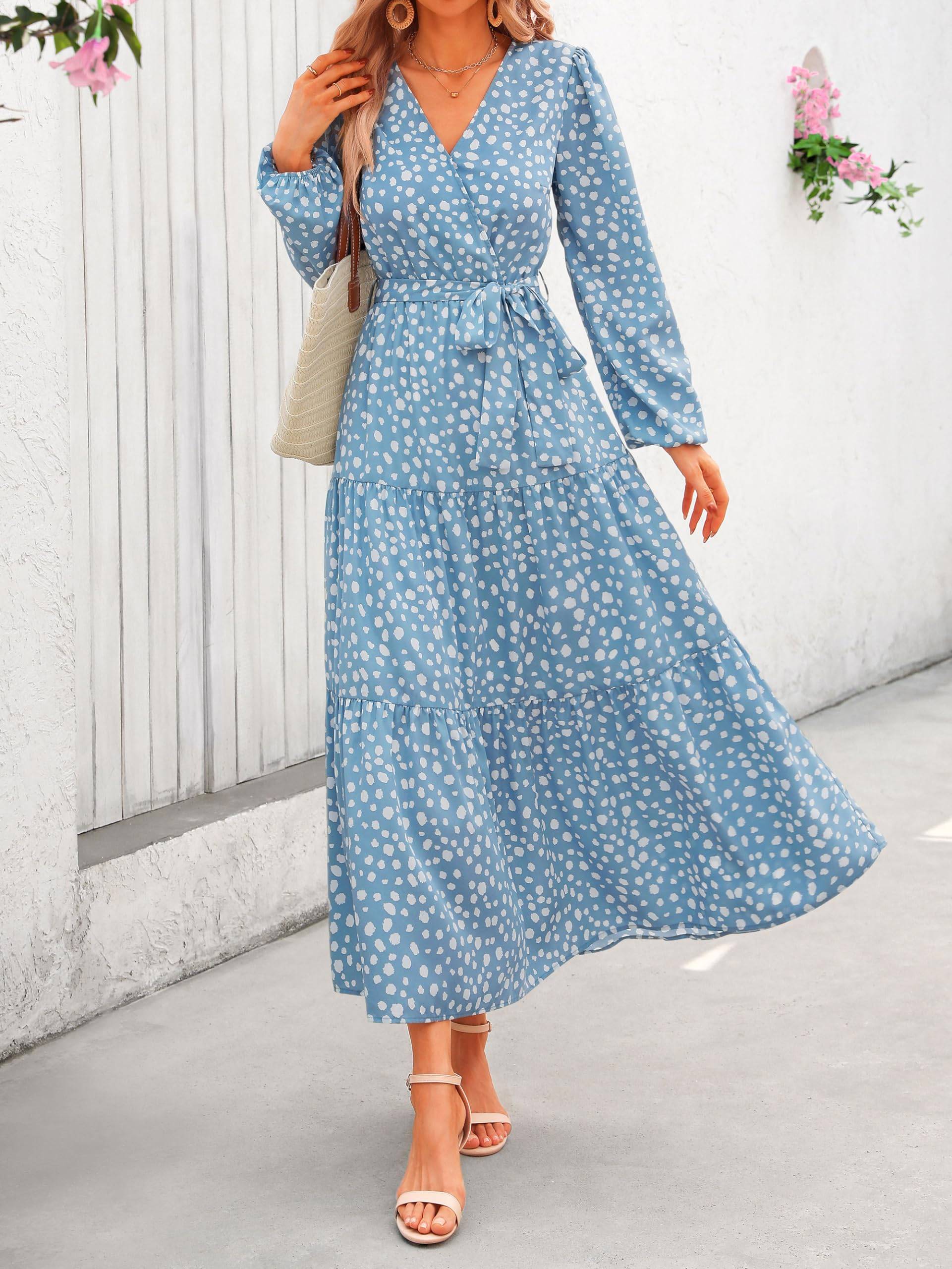 Womens Long Sleeve V Neck Floral Maxi Dress Boho