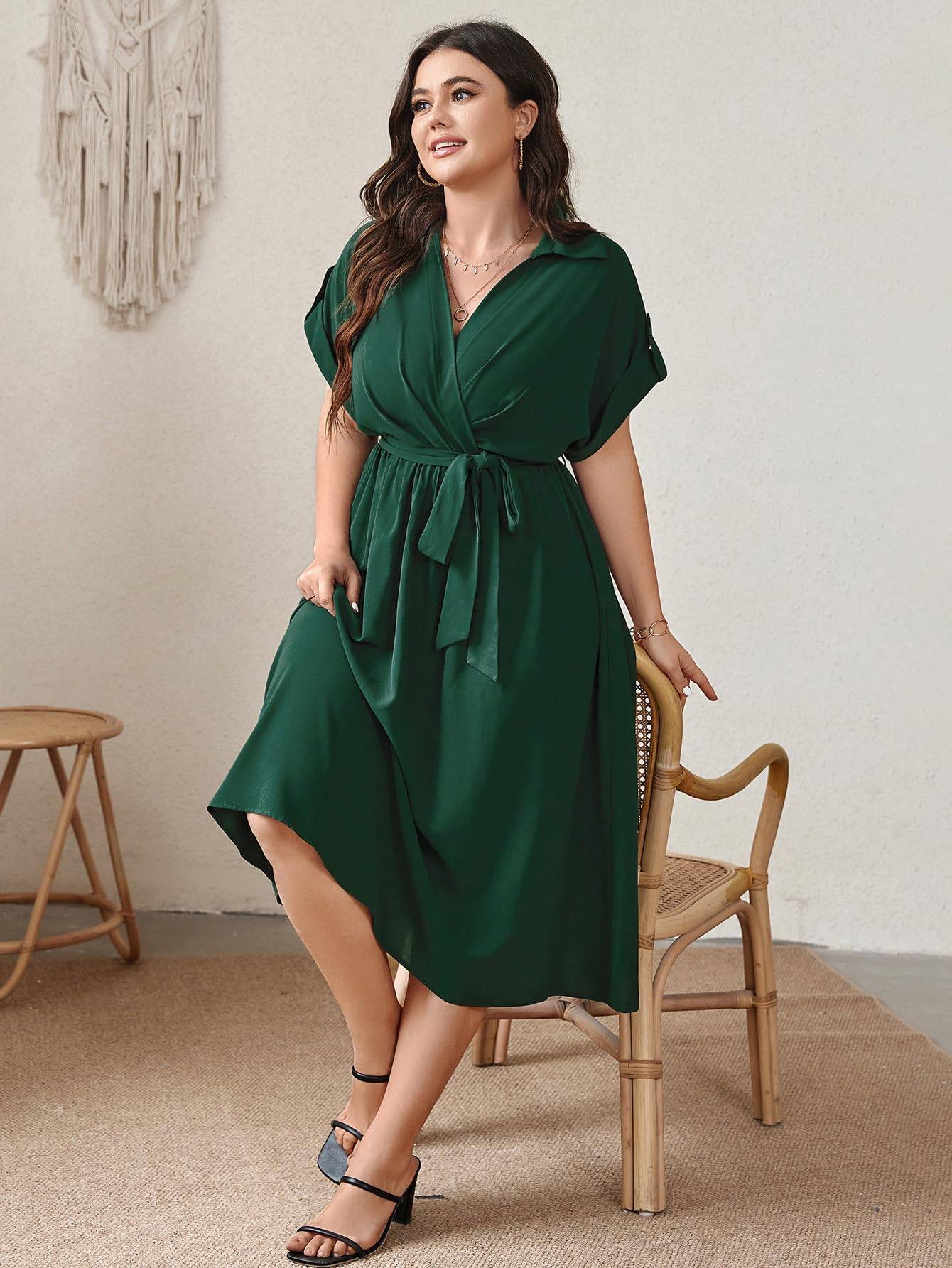 Womens Plus Size Midi Dress A line Wrap Tie Dress