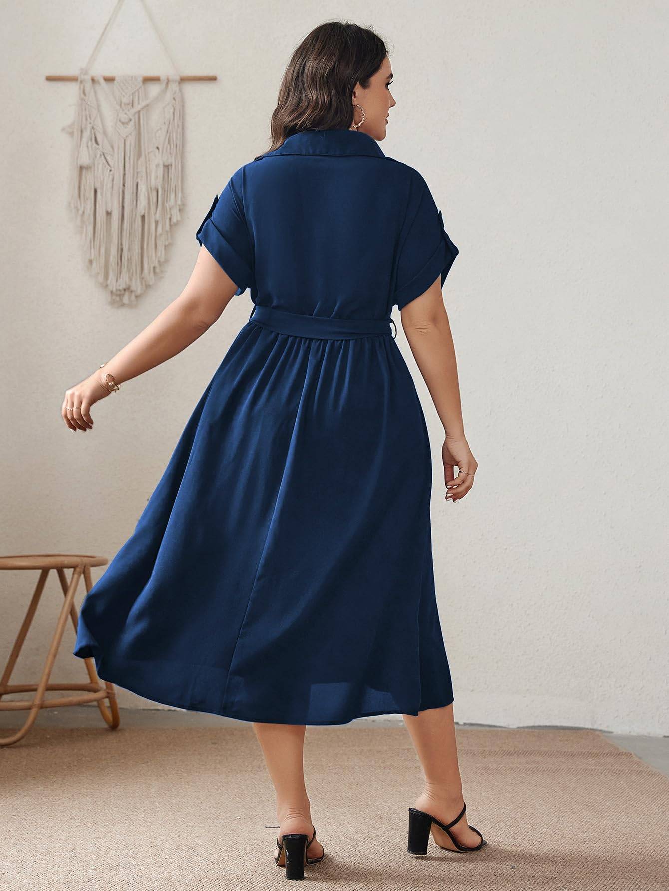 Womens Plus Size Midi Dress A line Wrap Tie Dress