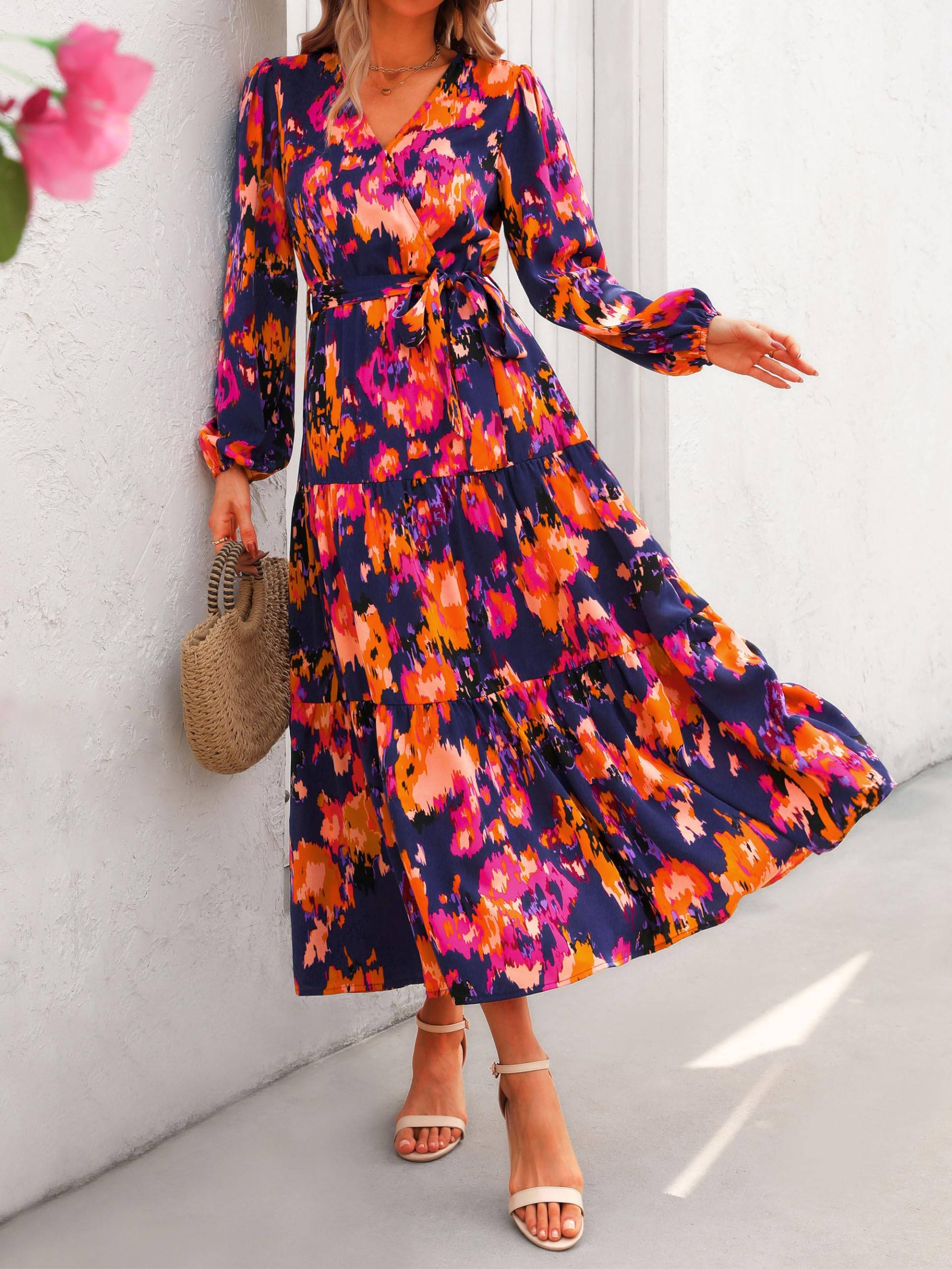 Womens Long Sleeve V Neck Floral Maxi Dress Boho