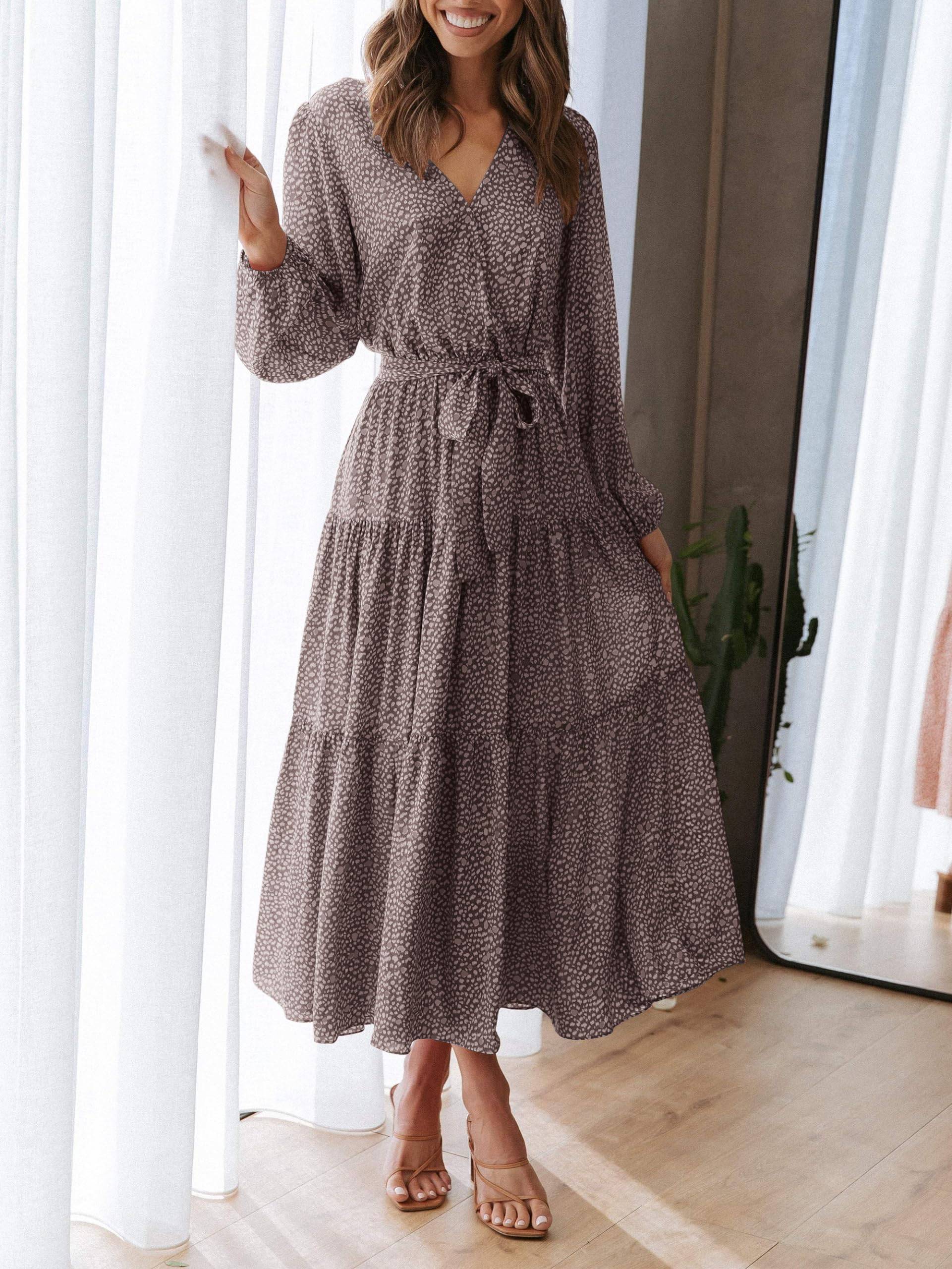 Womens Long Sleeve V Neck Floral Maxi Dress Boho