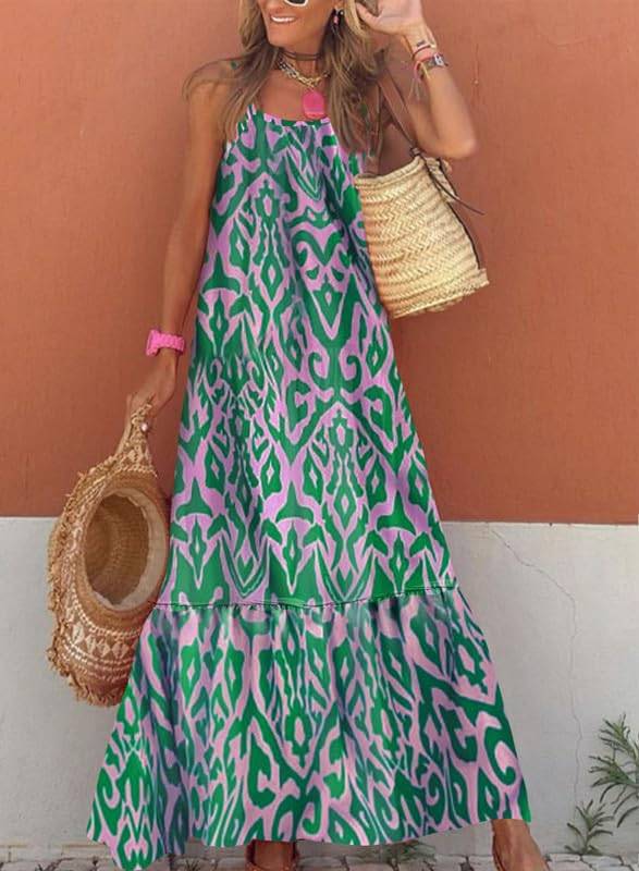 Women Strap Neck Boho Maxi Dress Plus Size