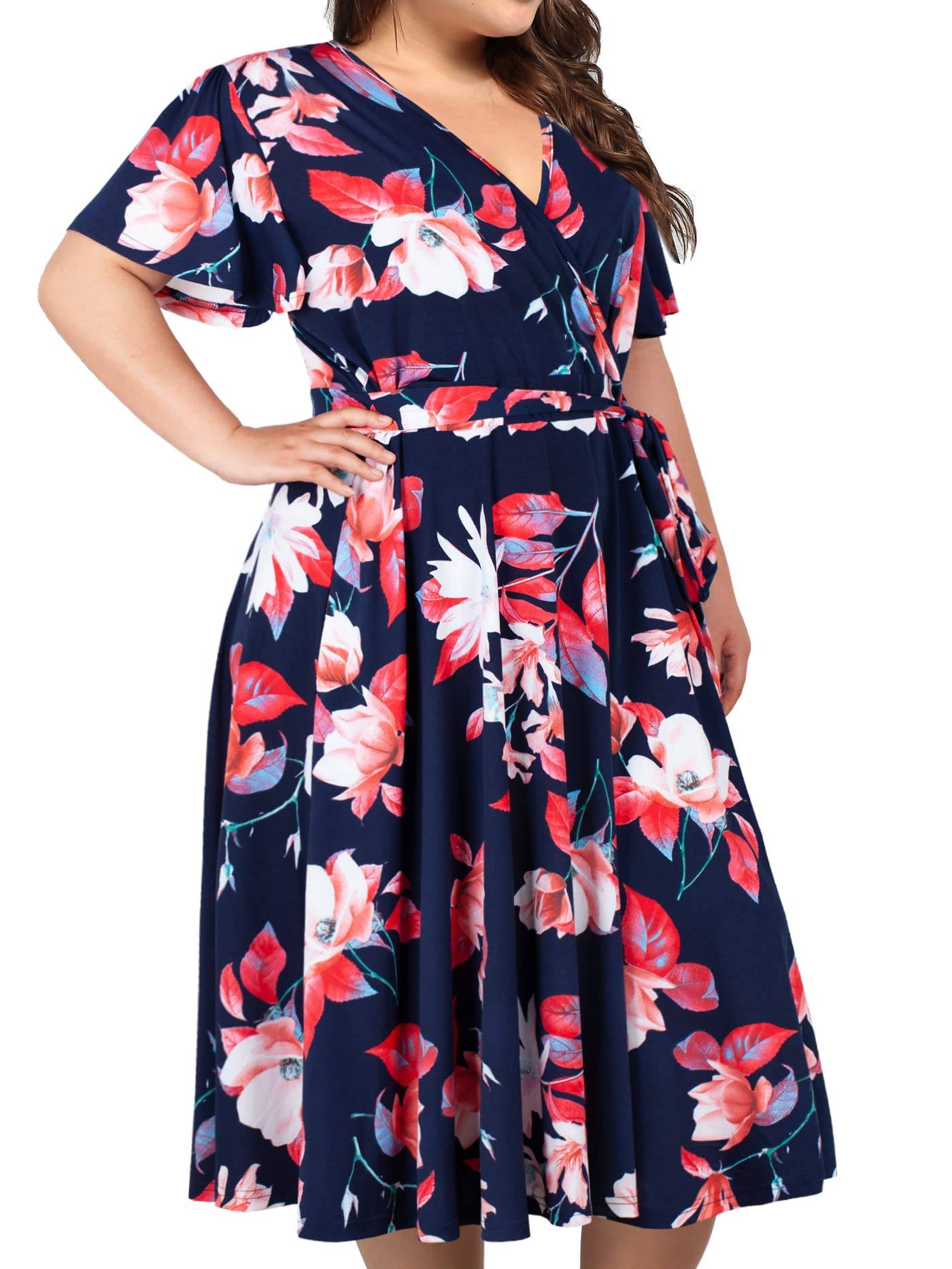 Plus Size Womens V Neck Floral Party Midi Dresses