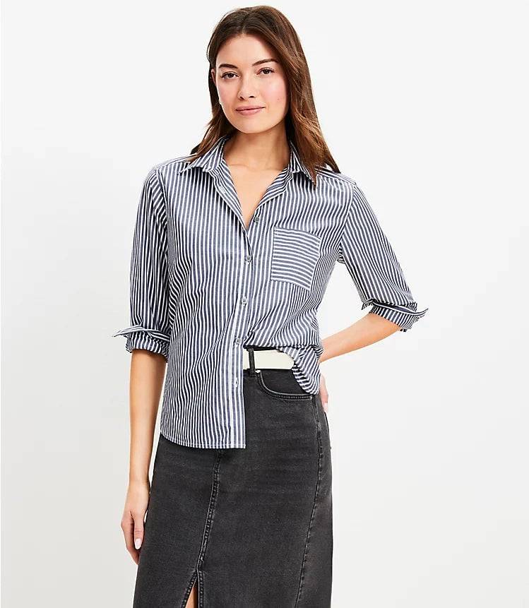 Striped Poplin Relaxed Pocket Shirt Blouse for Work Daily