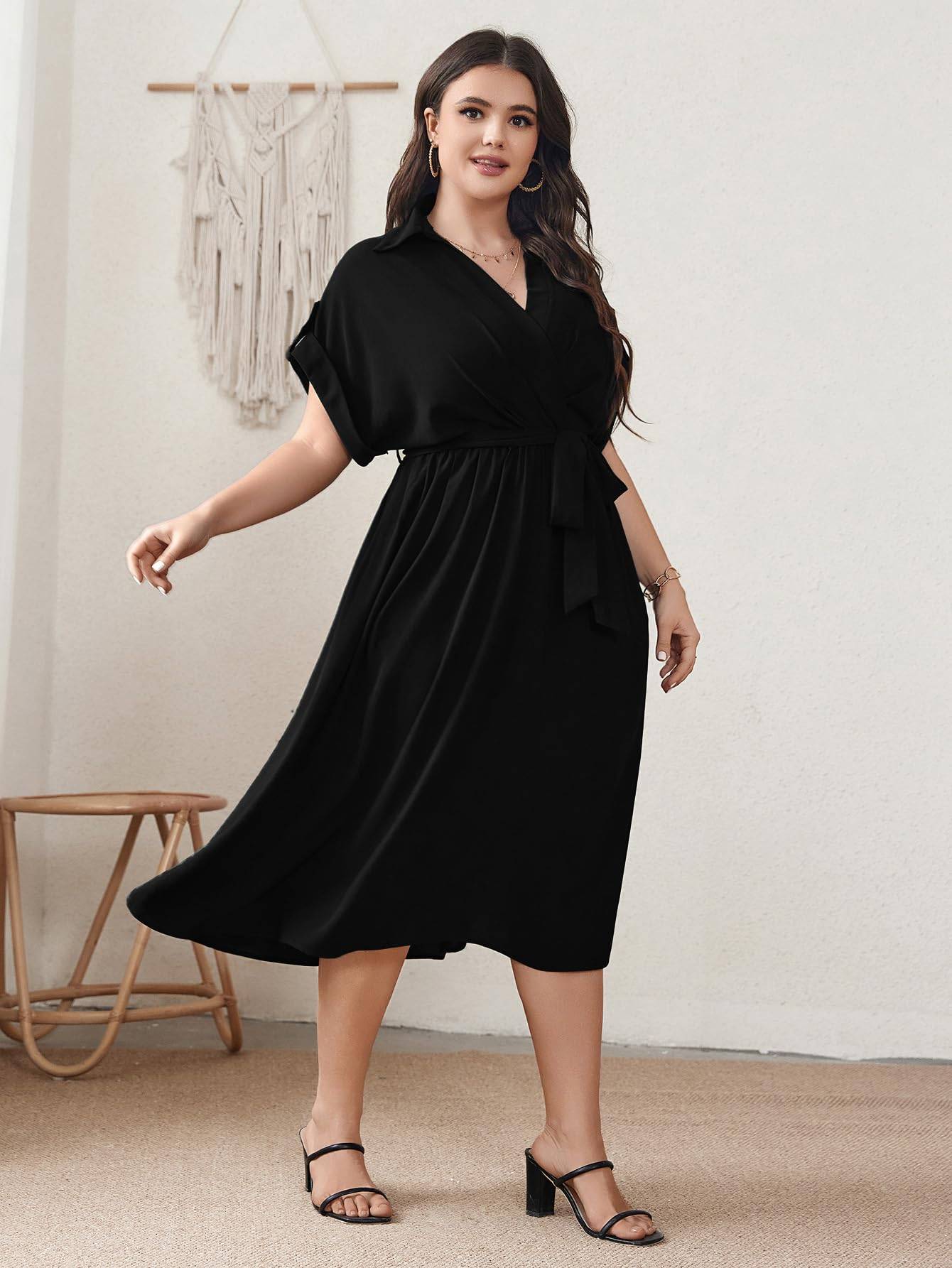 Womens Plus Size Midi Dress A line Wrap Tie Dress