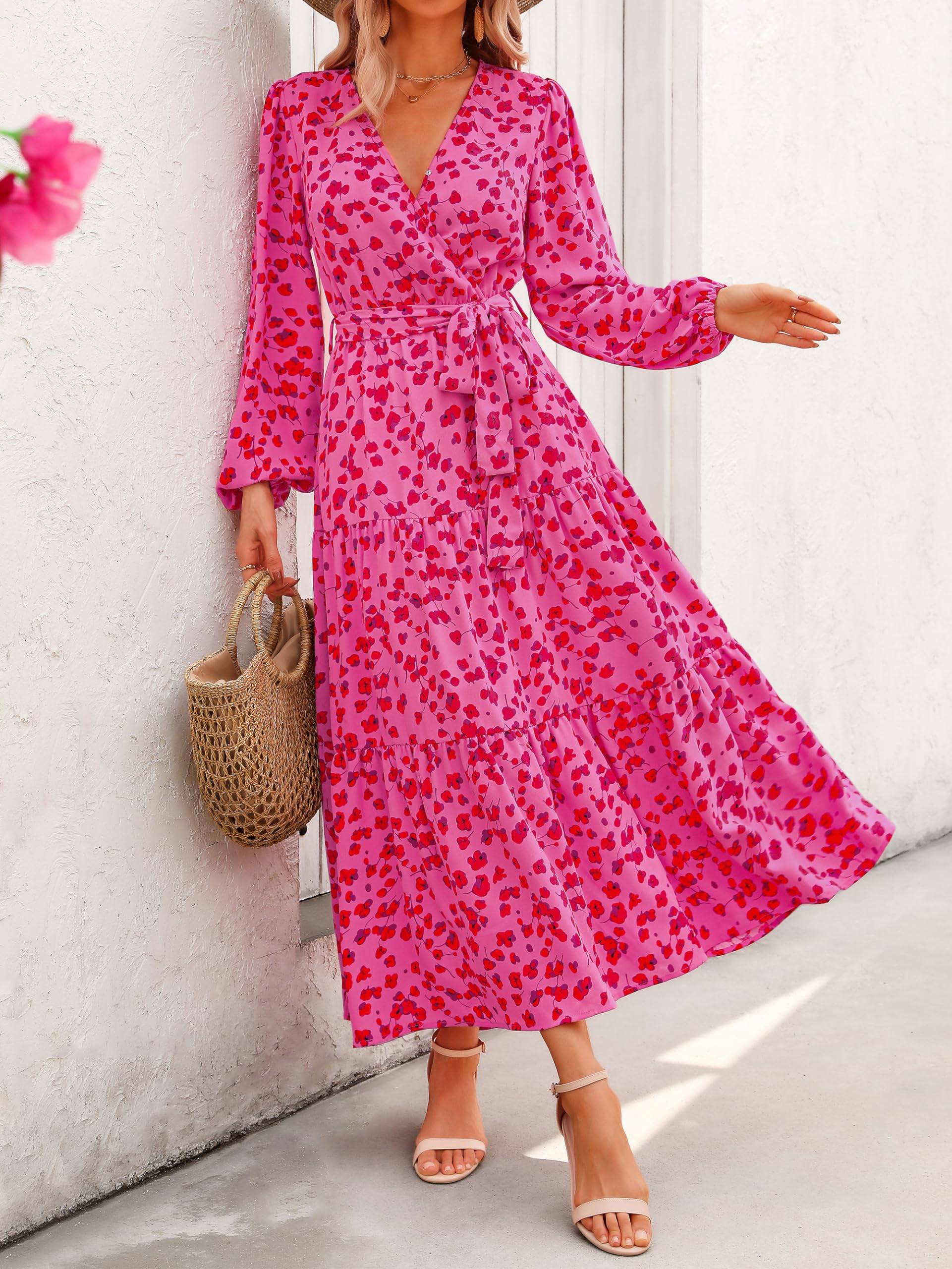 Womens Long Sleeve V Neck Floral Maxi Dress Boho