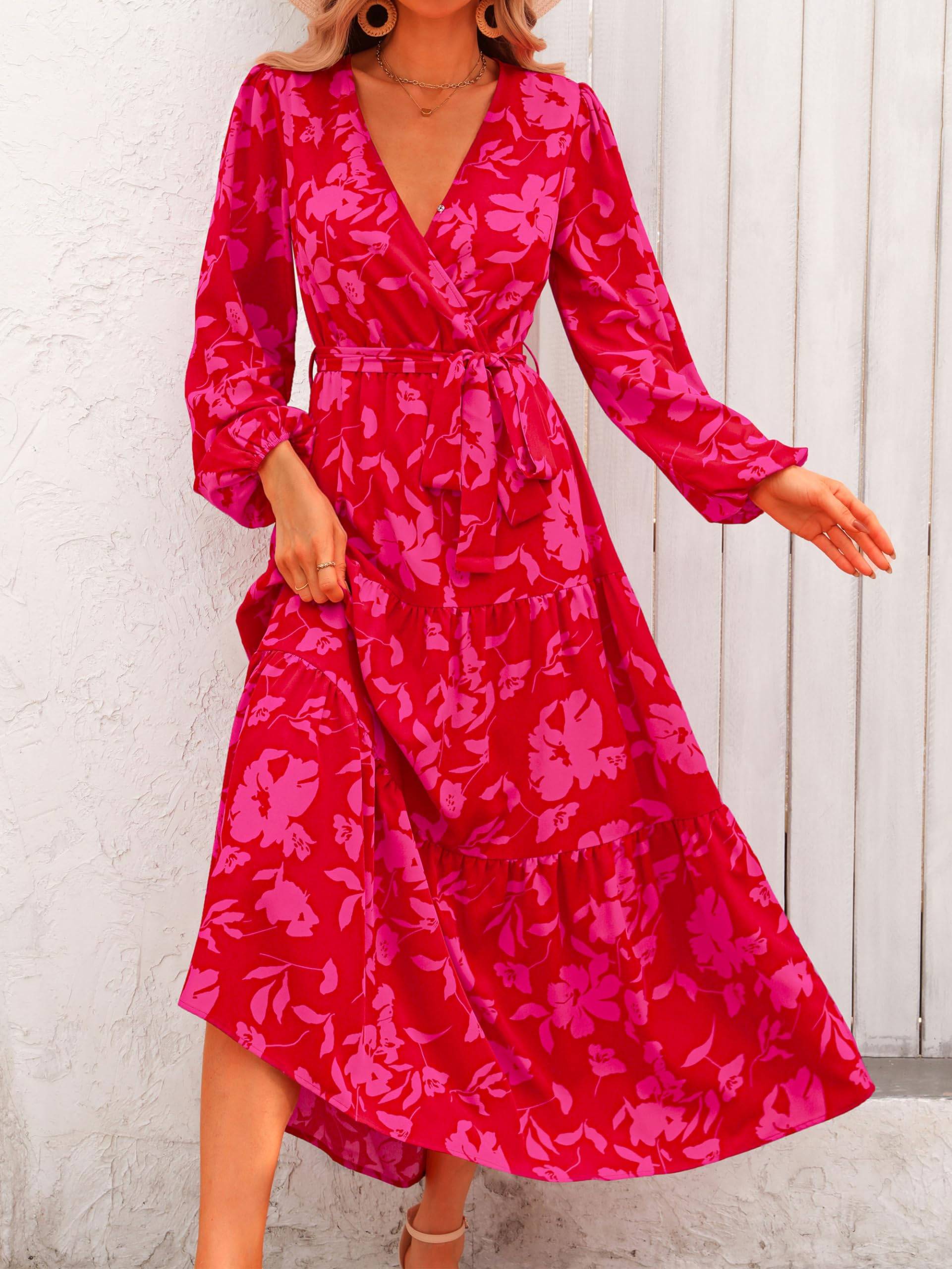 Womens Long Sleeve V Neck Floral Maxi Dress Boho