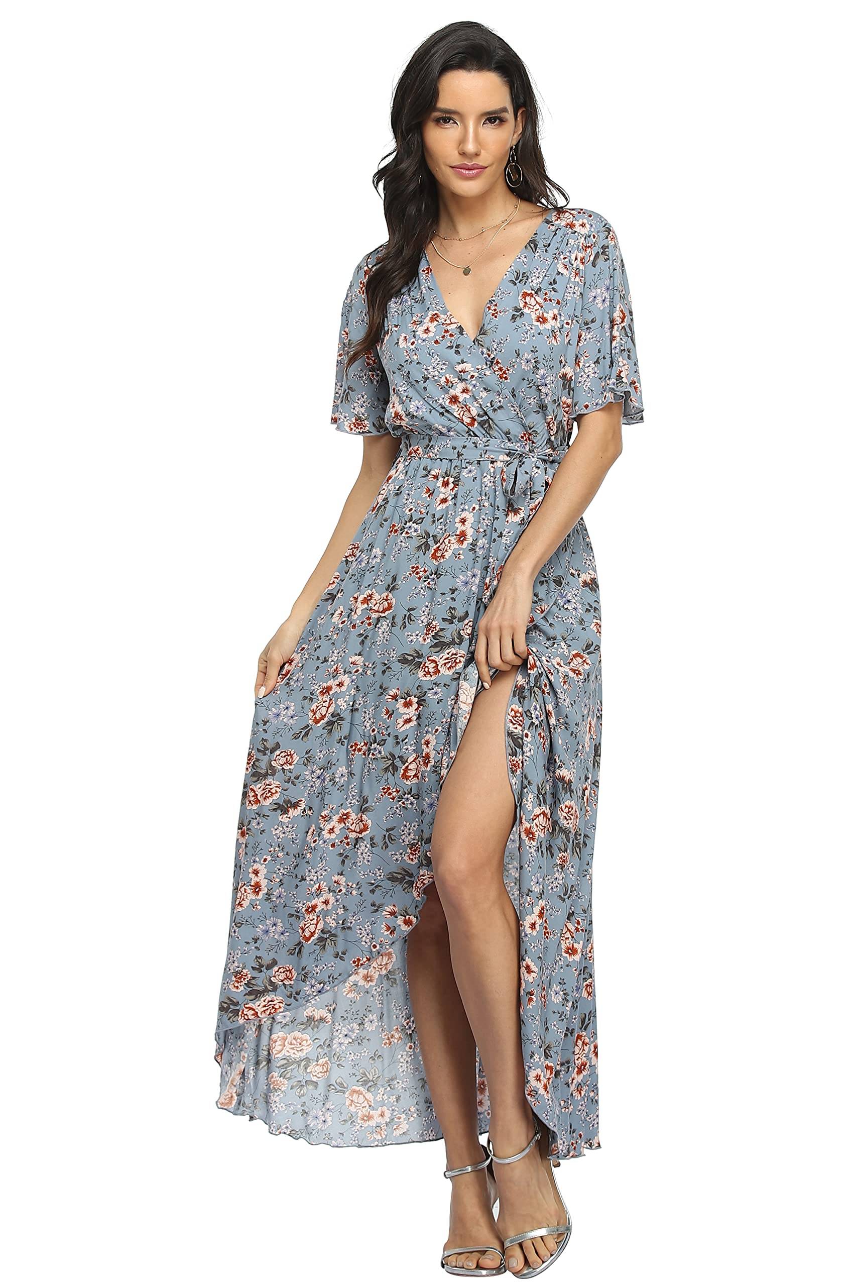 Women's Wrap V Neck Floral Summer Dresses Maxi