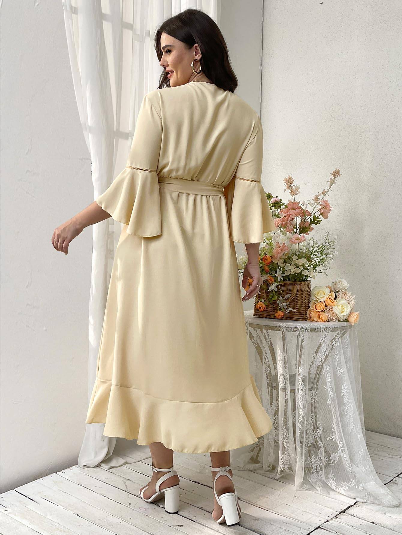 Women Plus Size Maxi Dress Wrap V Neck Dress