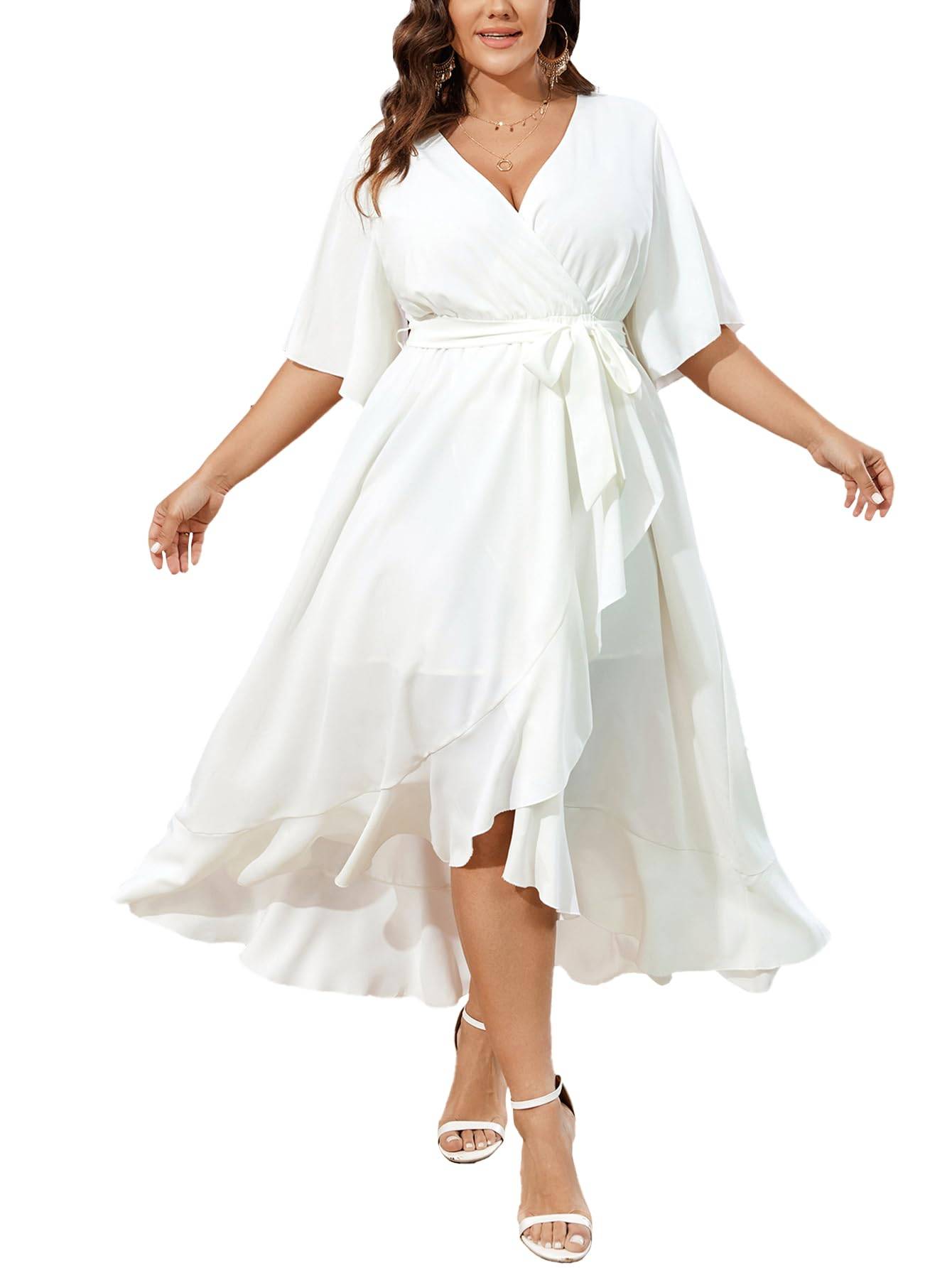 Women Plus Size Short Sleeve Wrap V Neck Dress