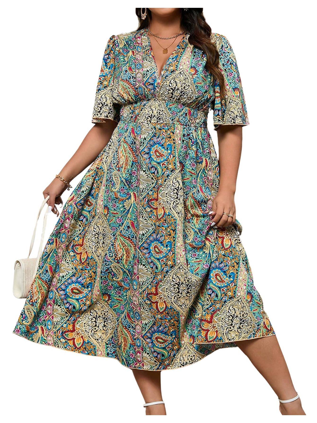 Women's Plus Size Boho Floral V Neck A Line Dress