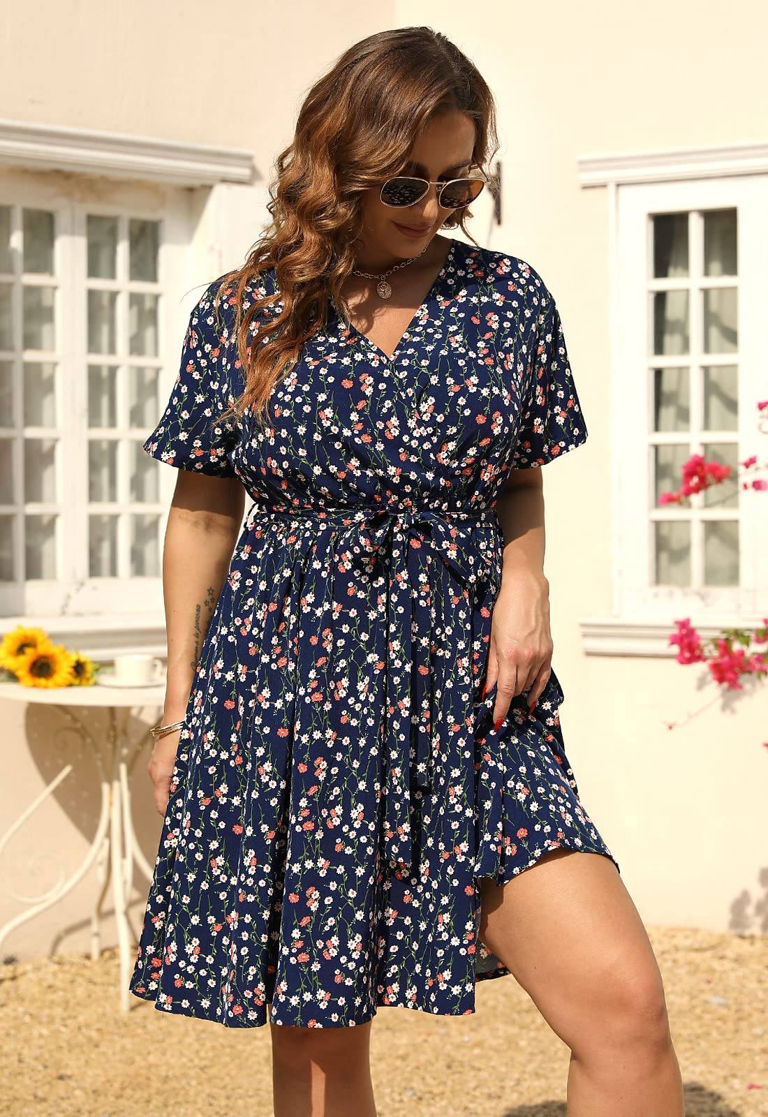 Womens Plus Size Boho Wrap Dress Floral Print