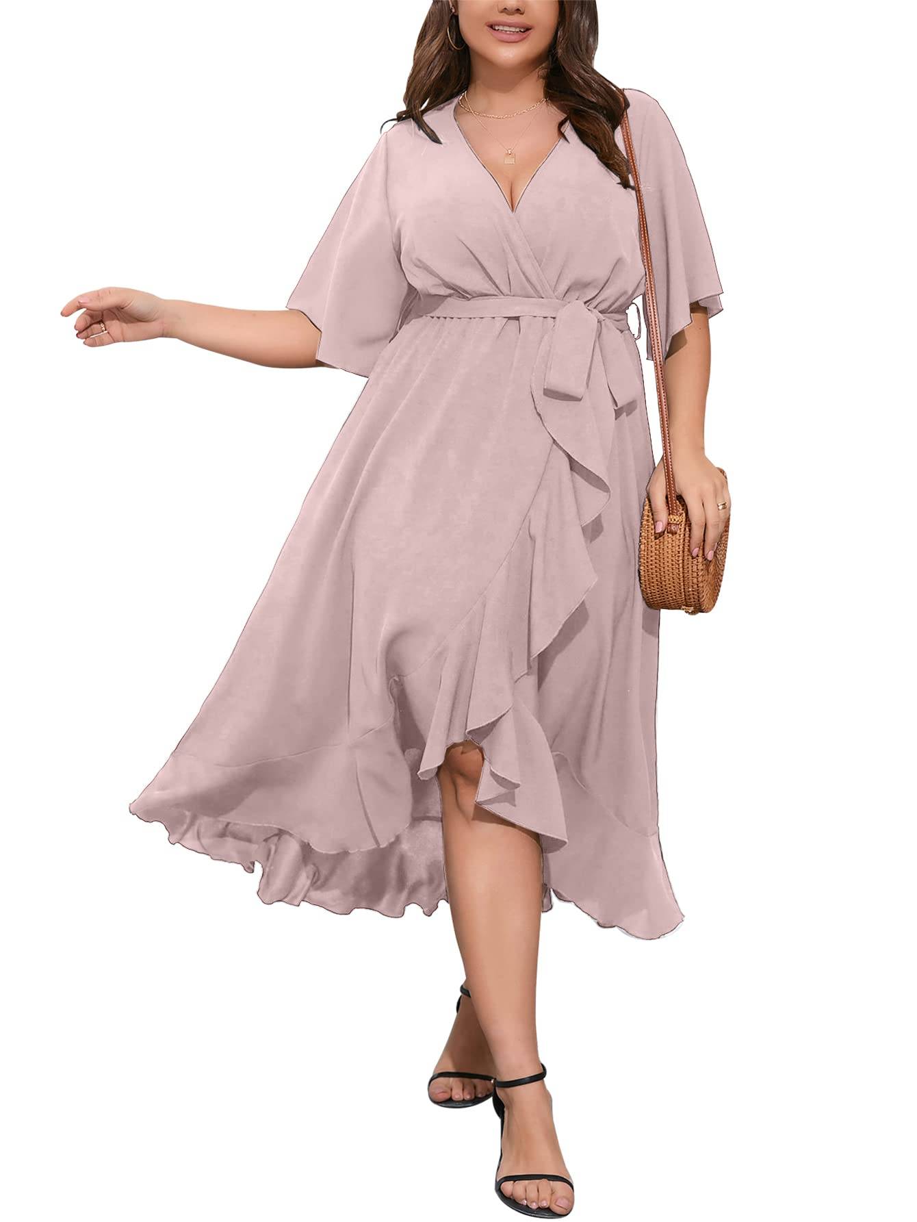 Women Plus Size Short Sleeve Wrap V Neck Dress