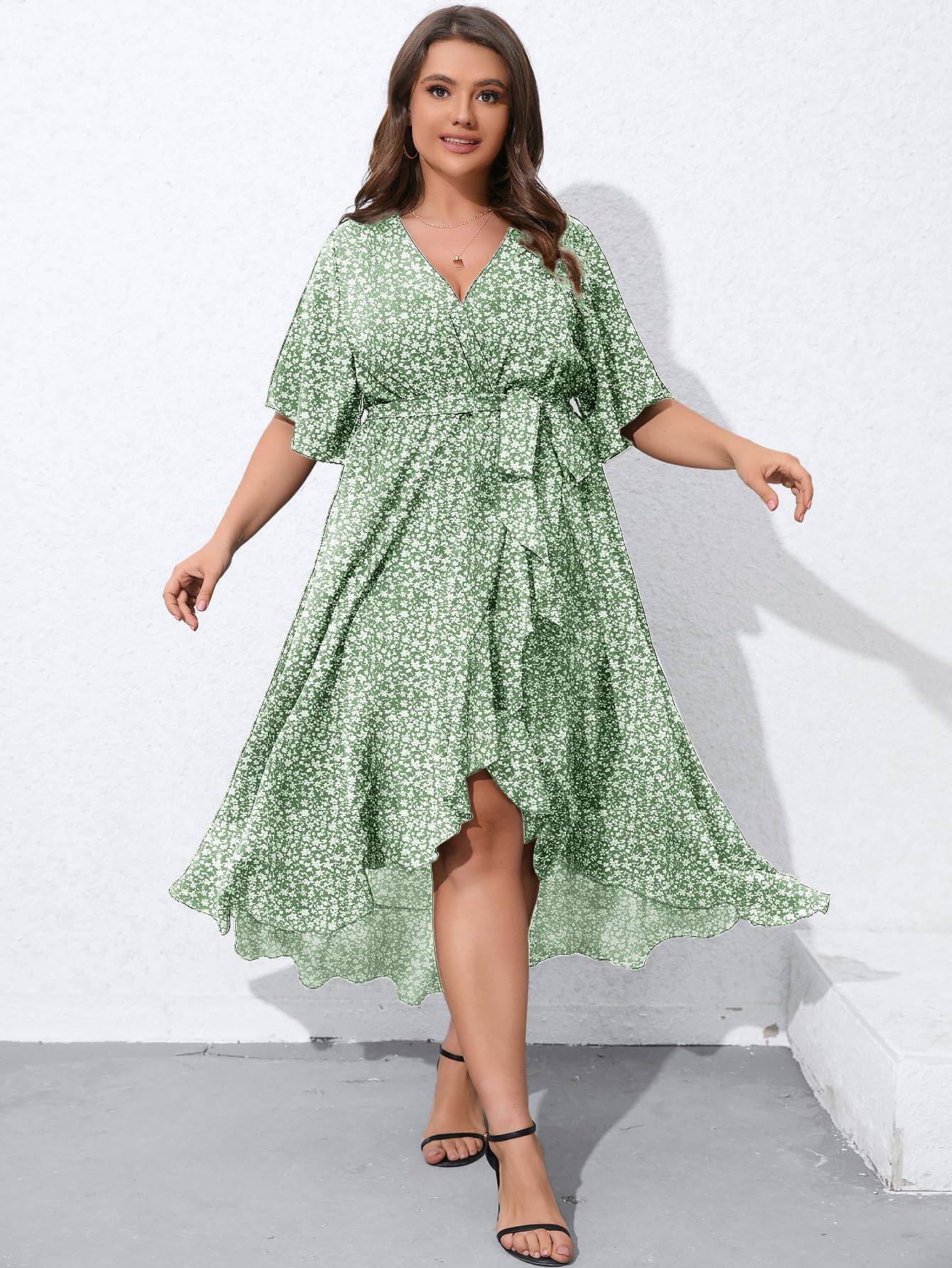 Women Plus Size Short Sleeve Wrap V Neck Dress