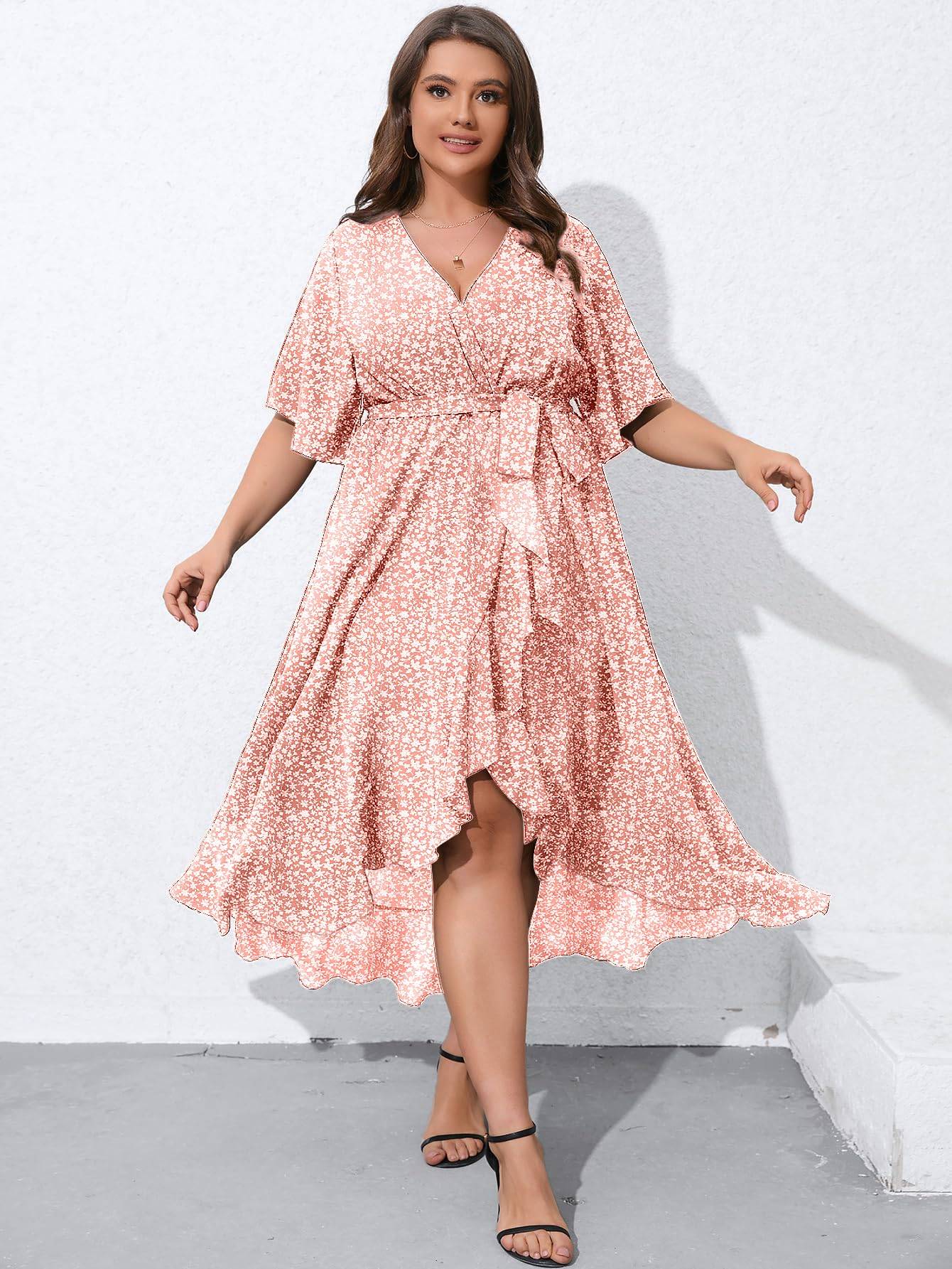 Women Plus Size Short Sleeve Wrap V Neck Dress