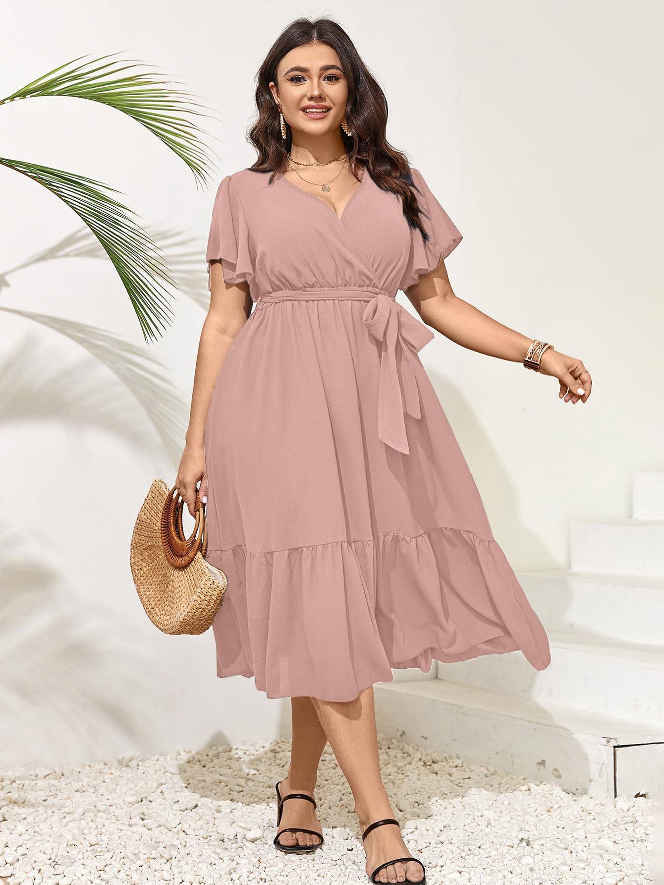 Women Plus Size Dresses V Neck A-Line Maxi Dress