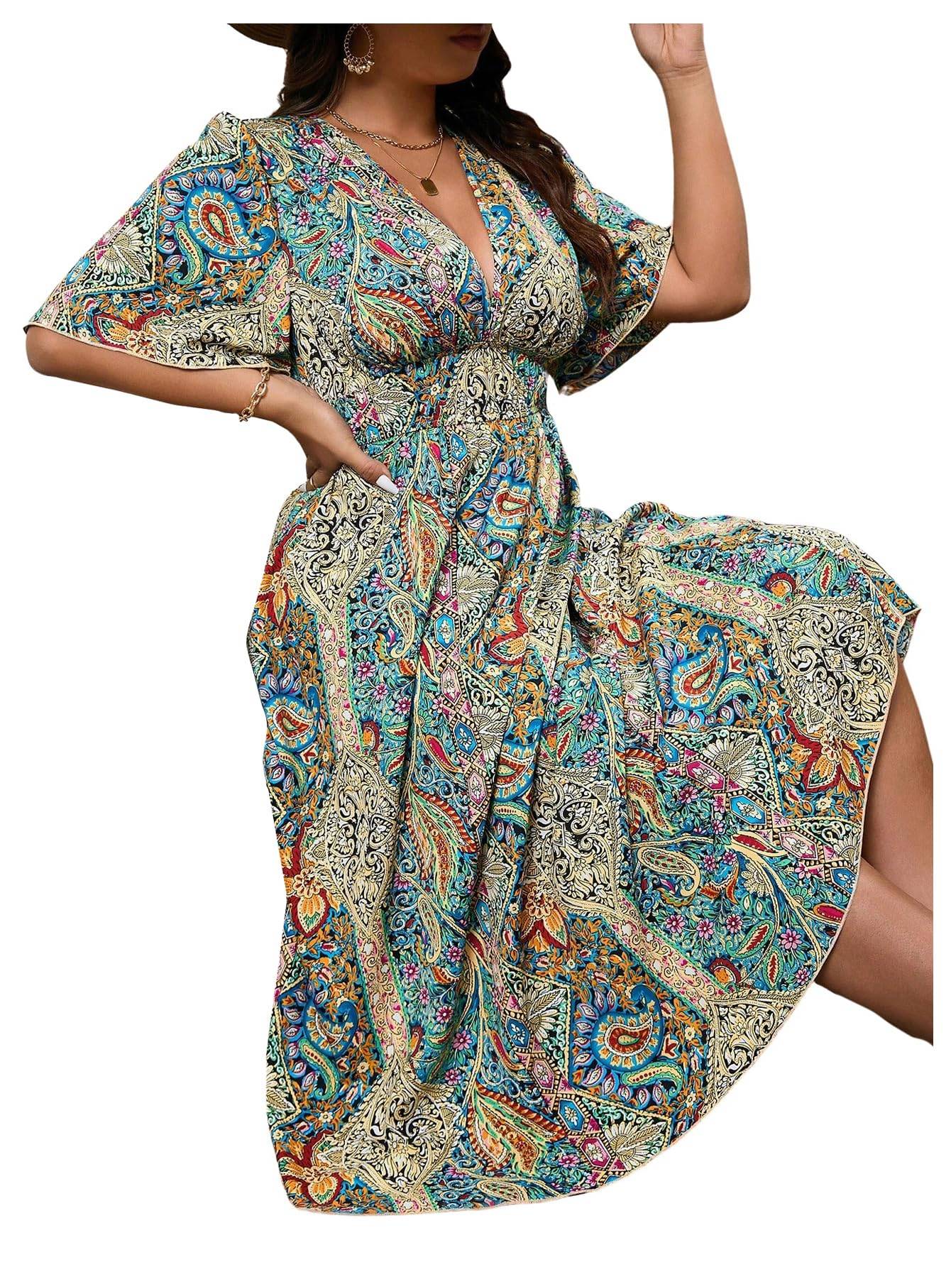 Women's Plus Size Boho Floral V Neck A Line Dress