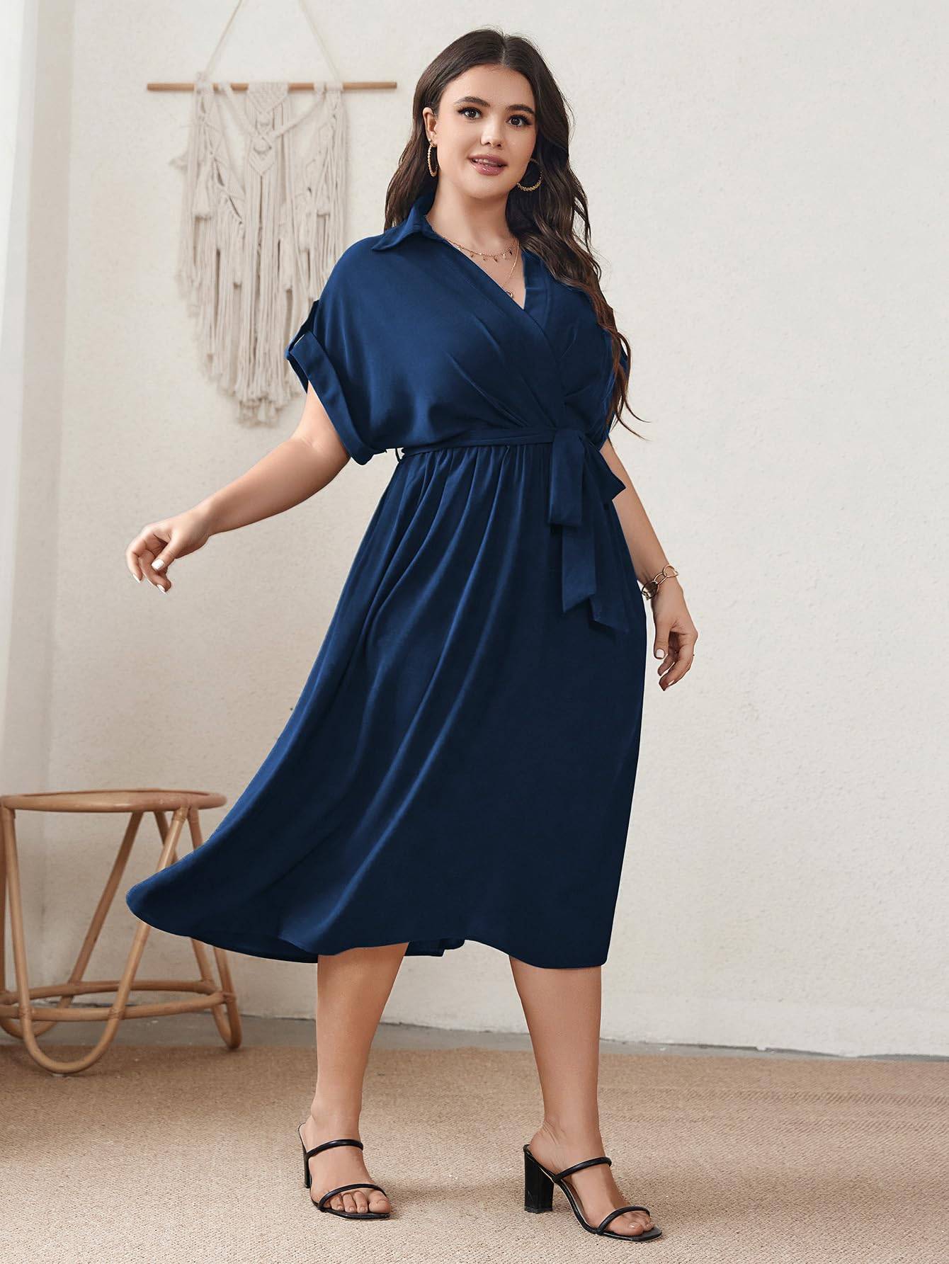 Womens Plus Size Midi Dress A line Wrap Tie Dress