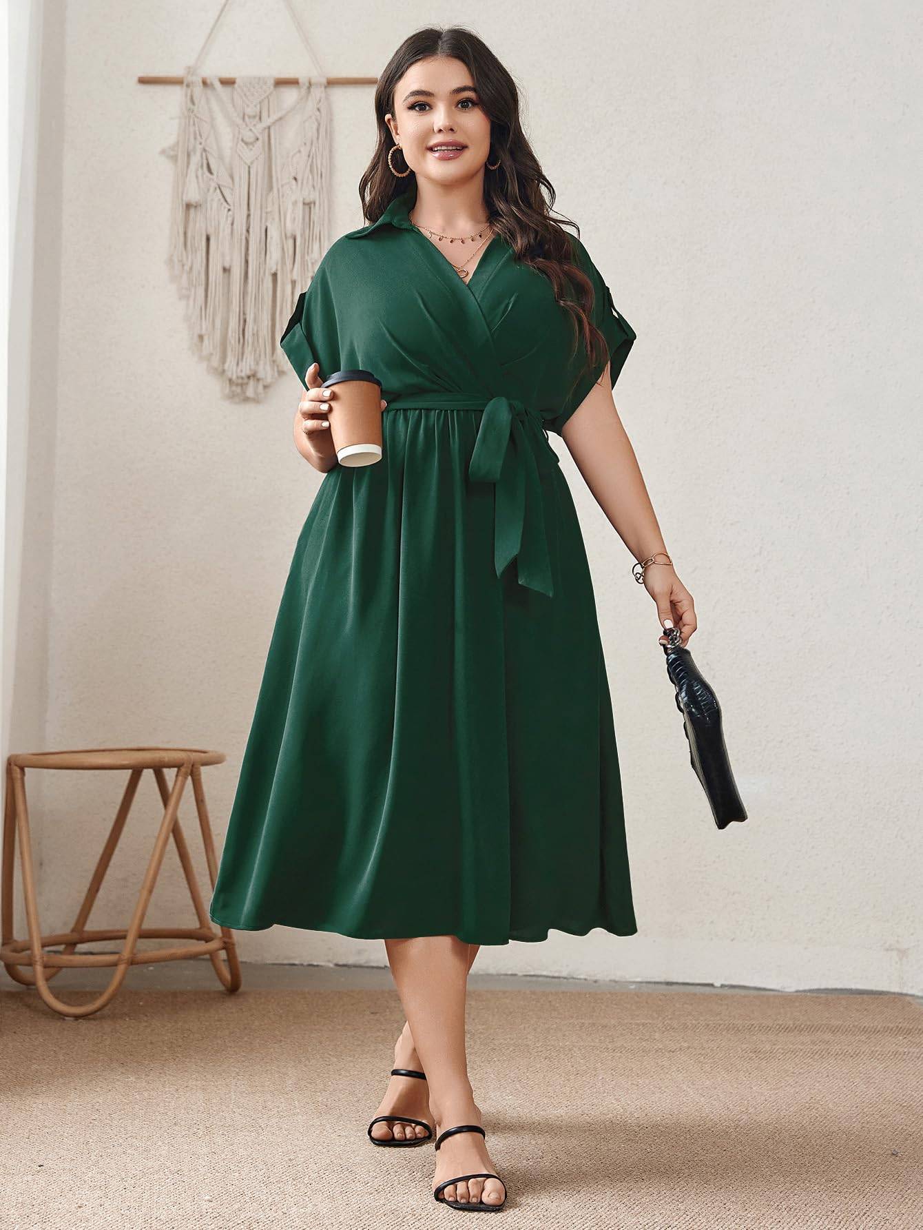 Womens Plus Size Midi Dress A line Wrap Tie Dress