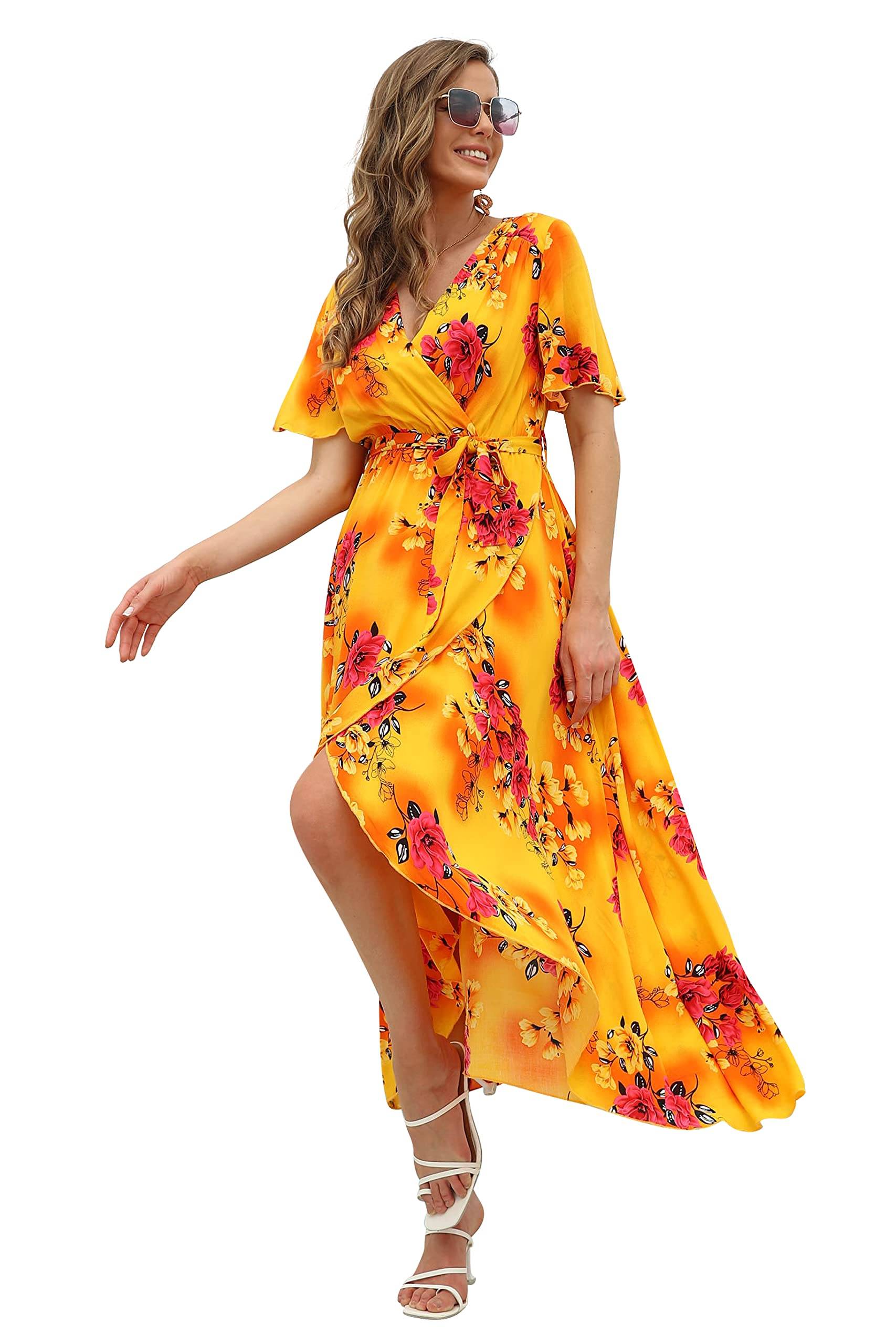 Women's Wrap V Neck Floral Summer Dresses Maxi