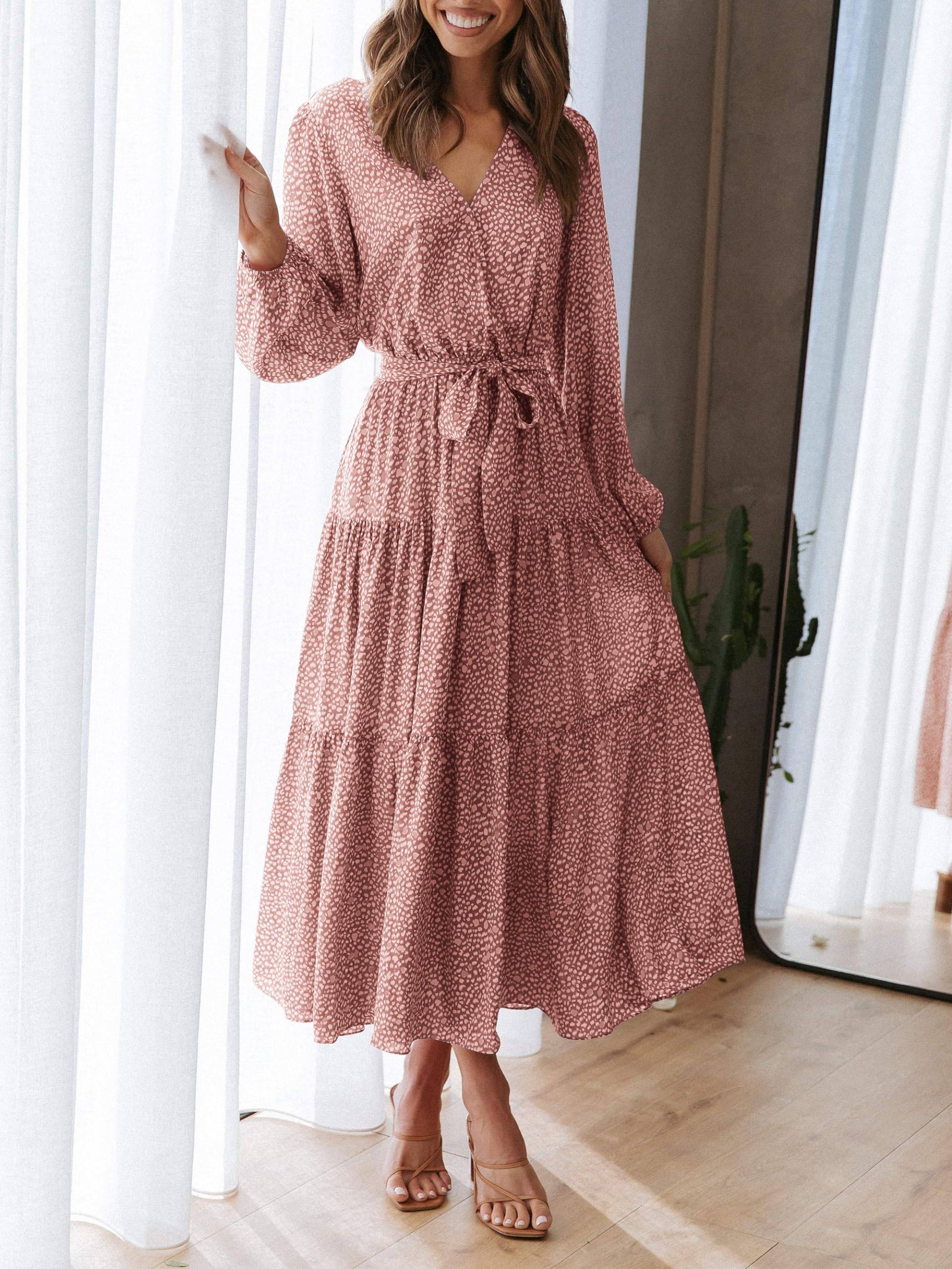 Womens Long Sleeve V Neck Floral Maxi Dress Boho