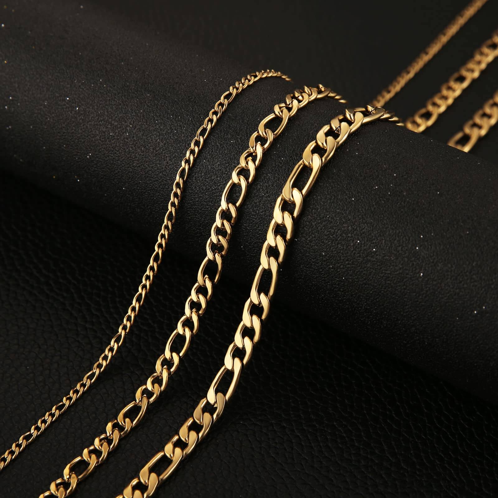 Men 24k Real Gold Plated Chain Stainless Steel Necklace, Wide 3mm 5mm 7mm 9mm