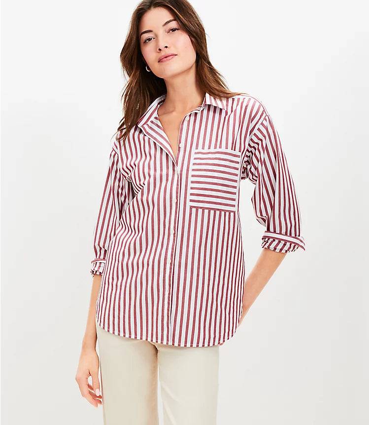 Striped Poplin Oversized Pocket Shirt Blouse for Work Daily