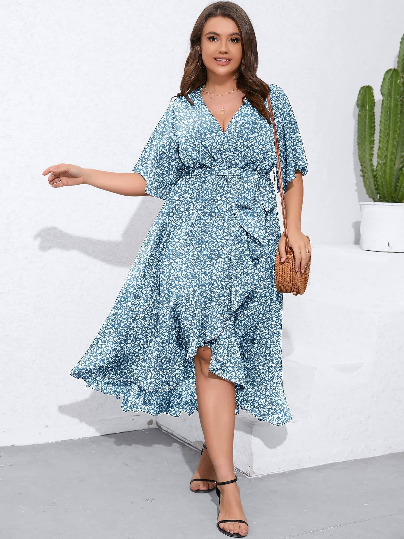 Women Plus Size Short Sleeve Wrap V Neck Dress