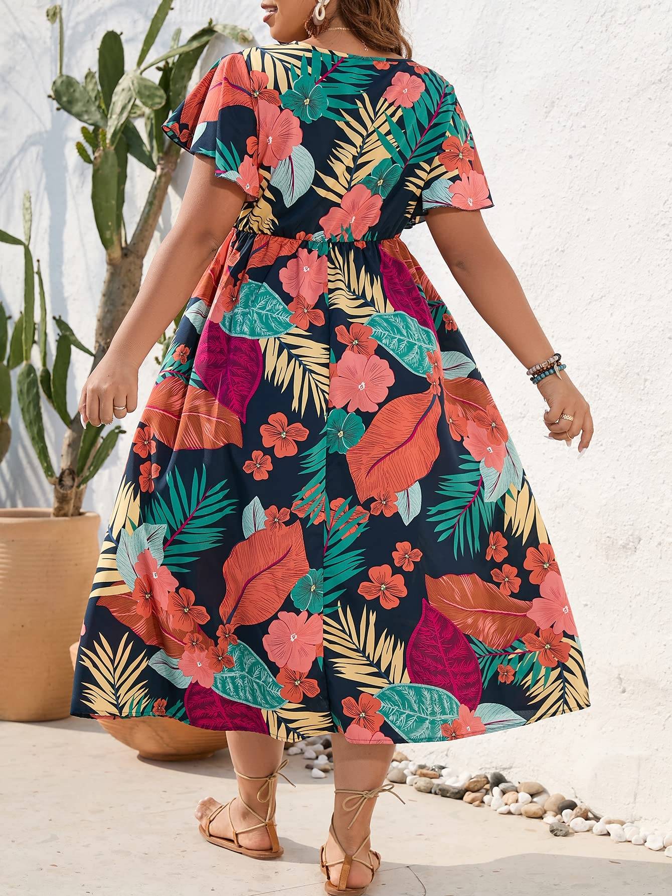 Women's Plus Size Boho Floral V Neck A Line Dress