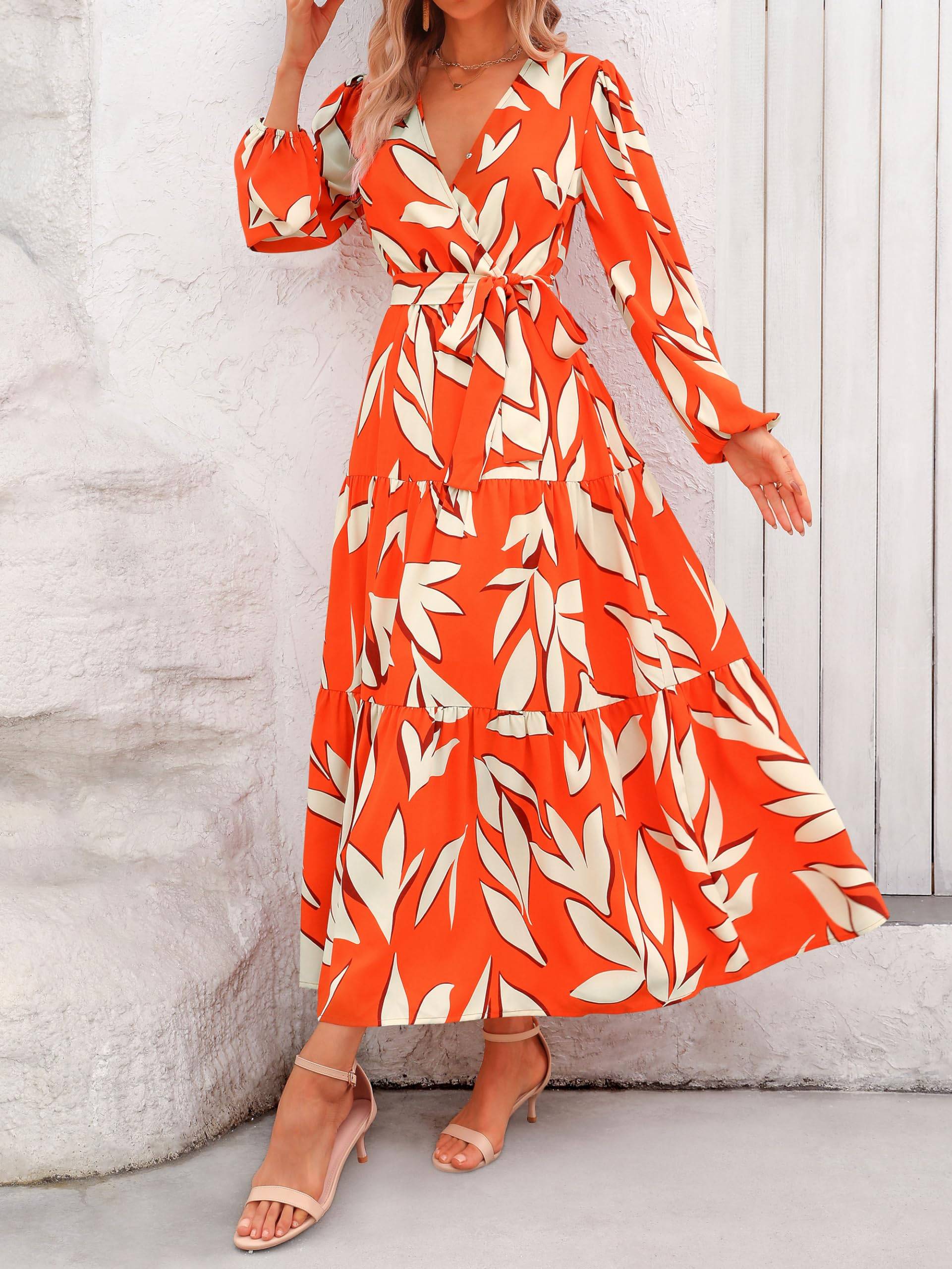 Womens Long Sleeve V Neck Floral Maxi Dress Boho