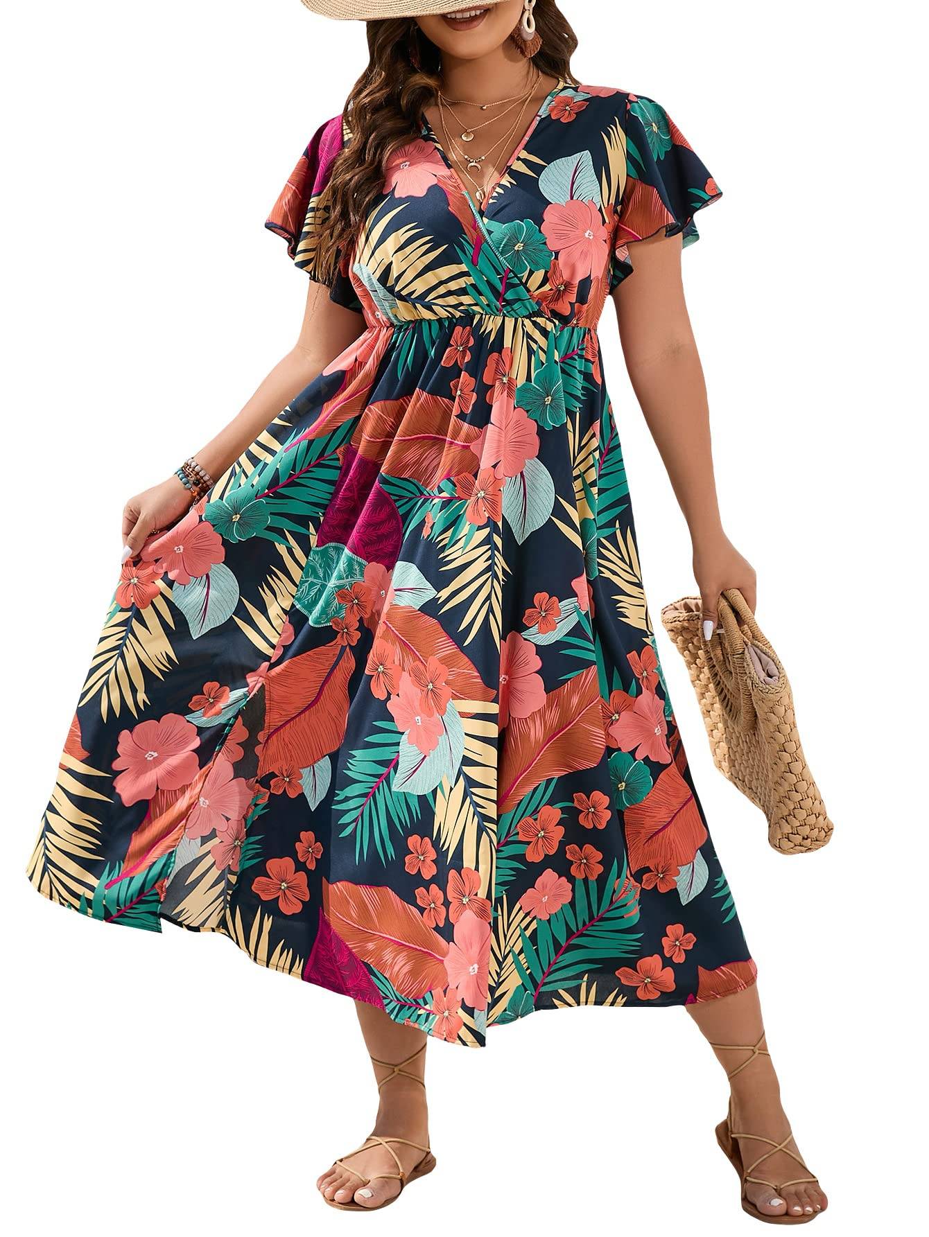 Women's Plus Size Boho Floral V Neck A Line Dress