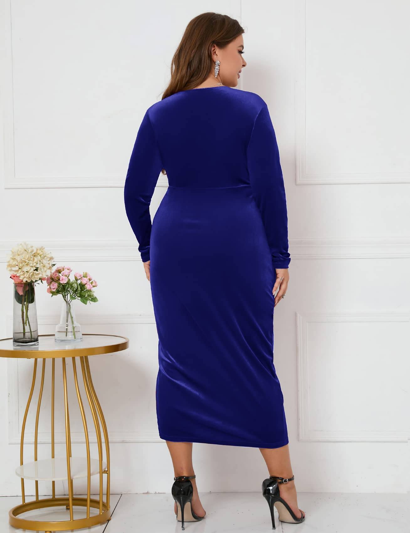 Plus Size Wrap Long Sleeves Ruffle Party Dress